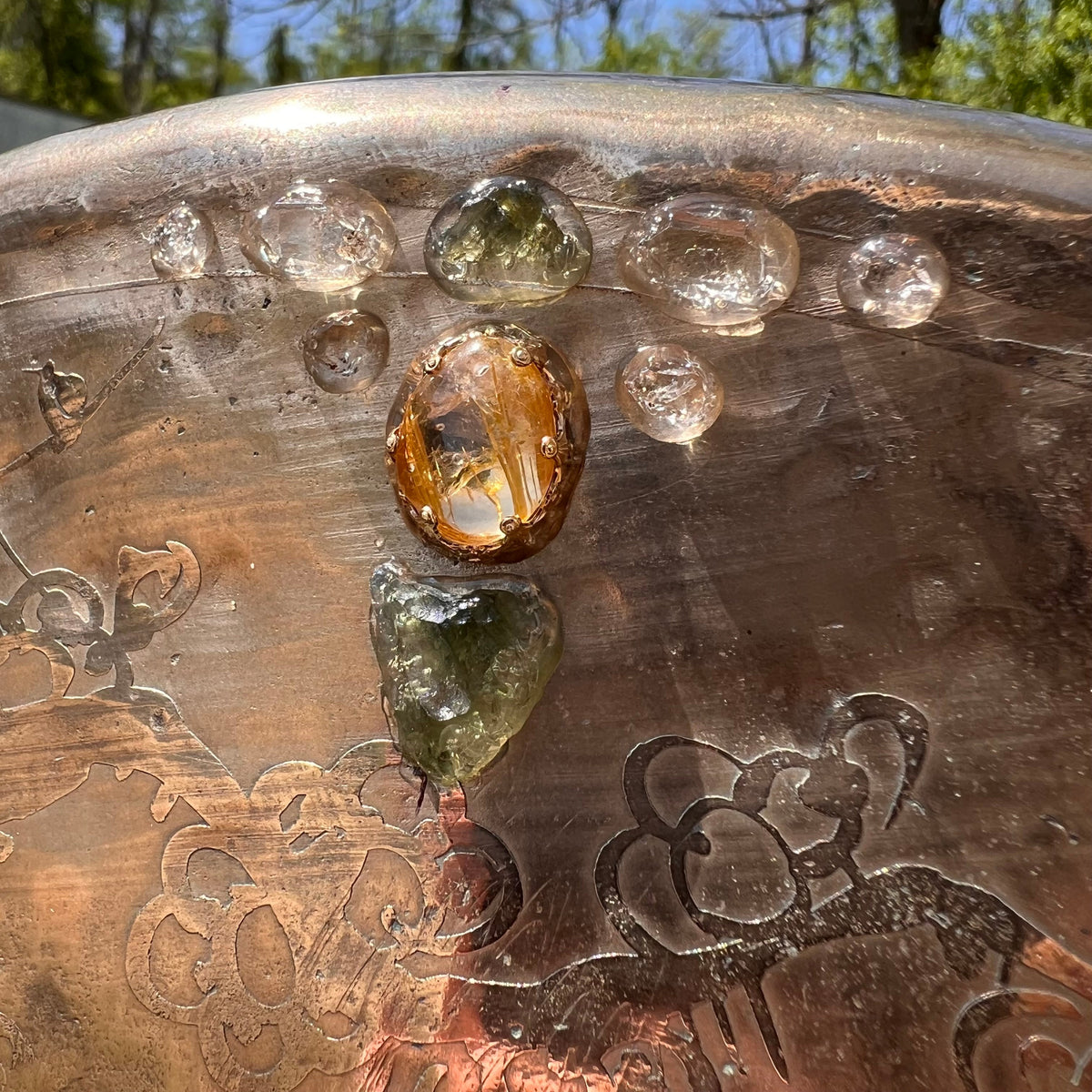 Crystal Gong Herkimer, Moldavite, & Golden Rutile #22-Moldavite Life