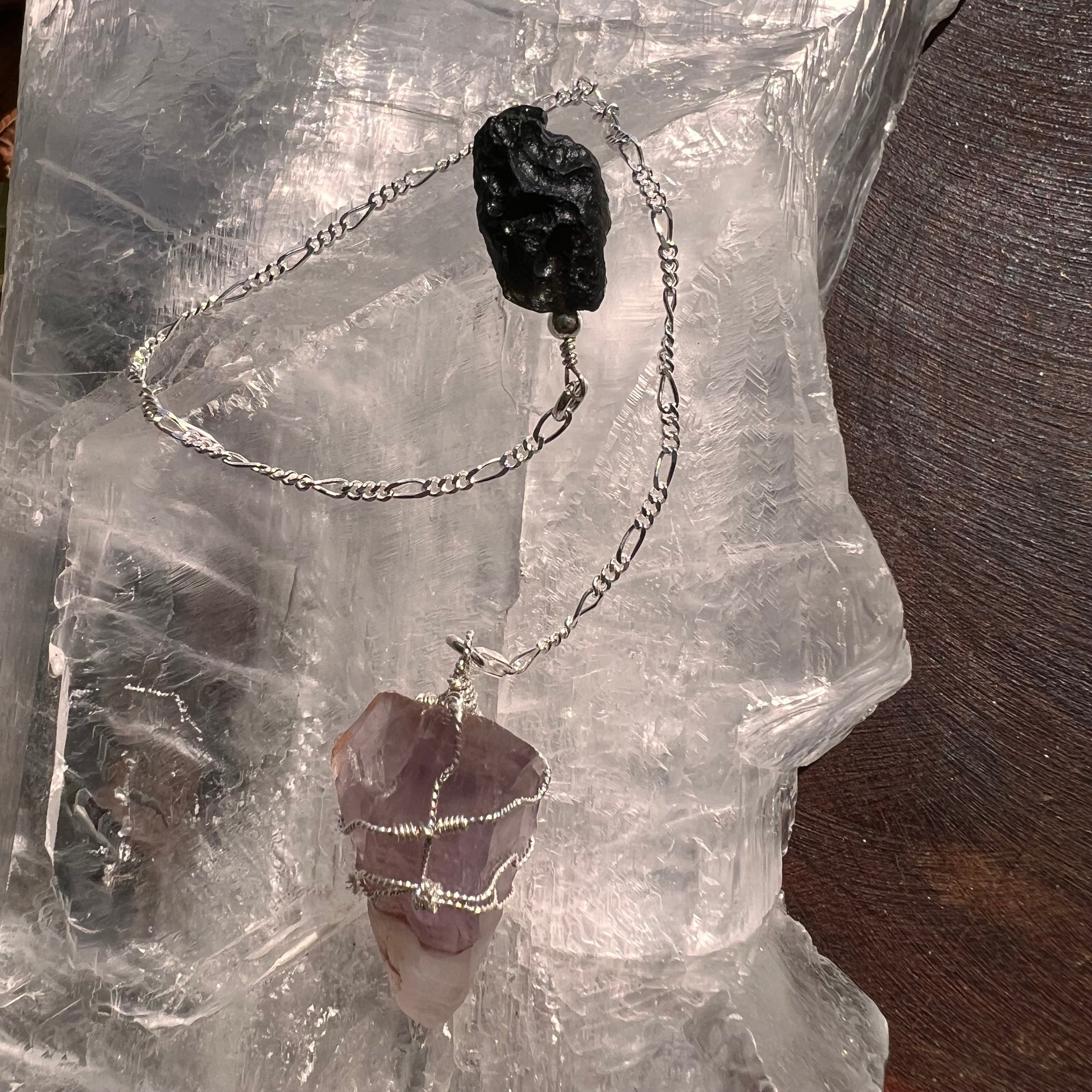 Auralite 23, Indochinite, & Moldavite Pendulum #5-Moldavite Life