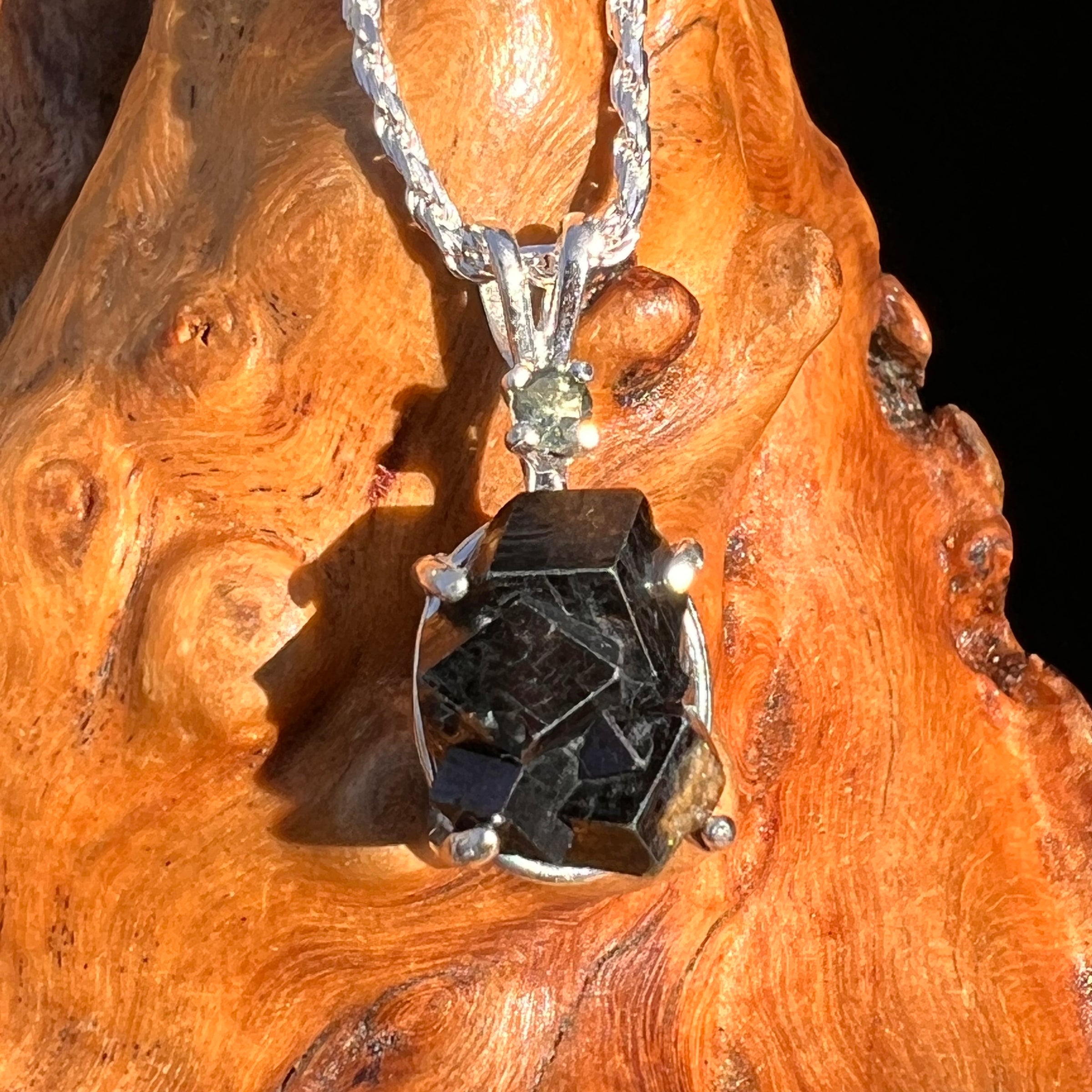Black Garnet & Moldavite Pendant Sterling #8239-Moldavite Life