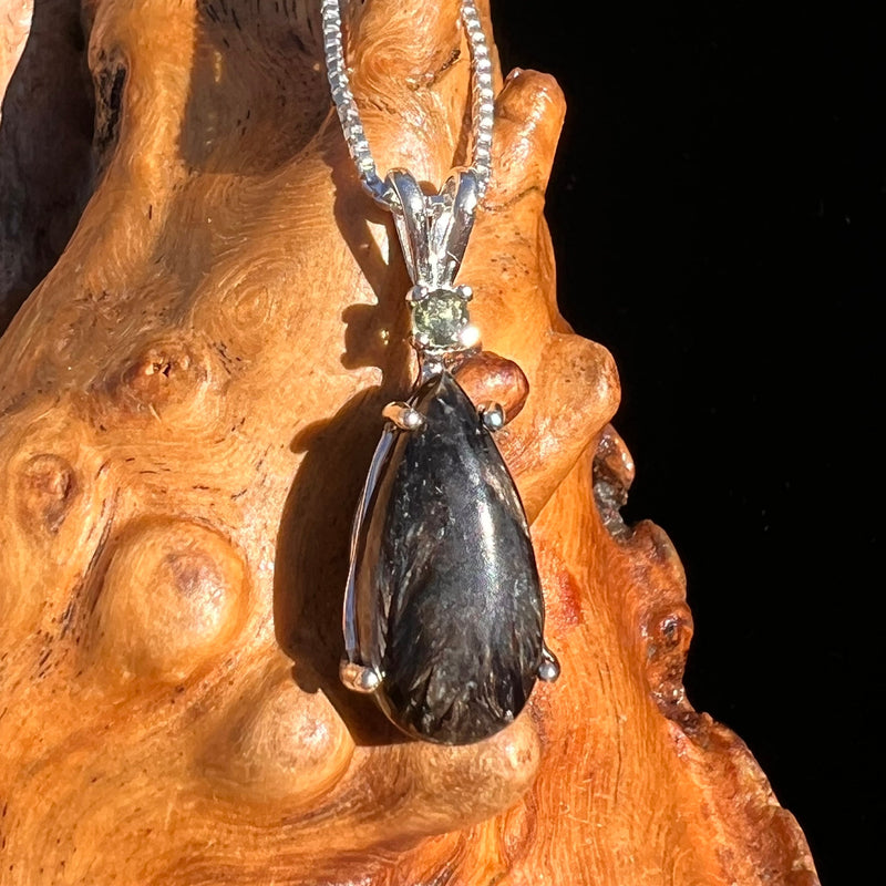 Black Seraphinite & Moldavite Pendant Sterling #6576-Moldavite Life