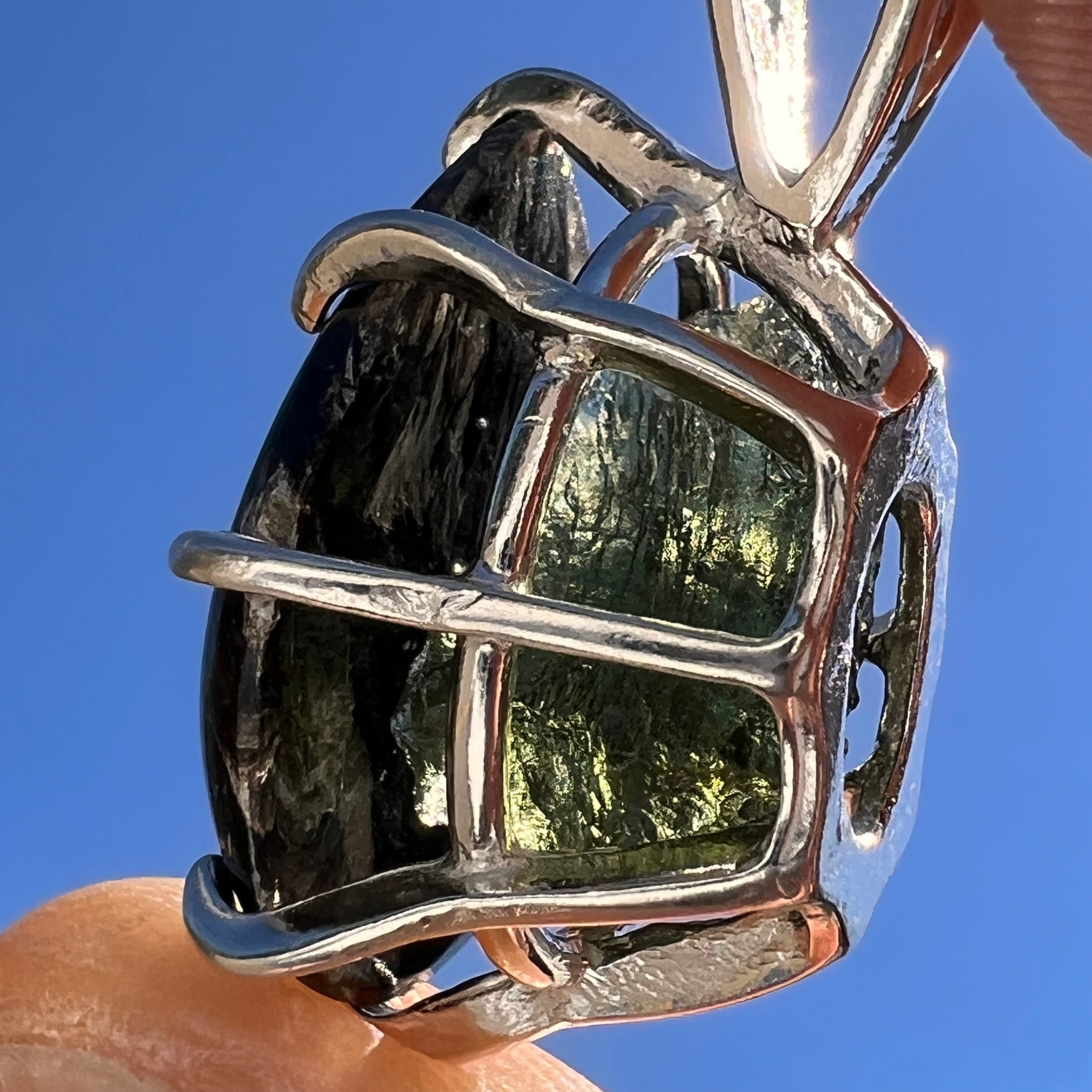 Black Seraphinite & Moldavite Pendant Sterling #6578-Moldavite Life