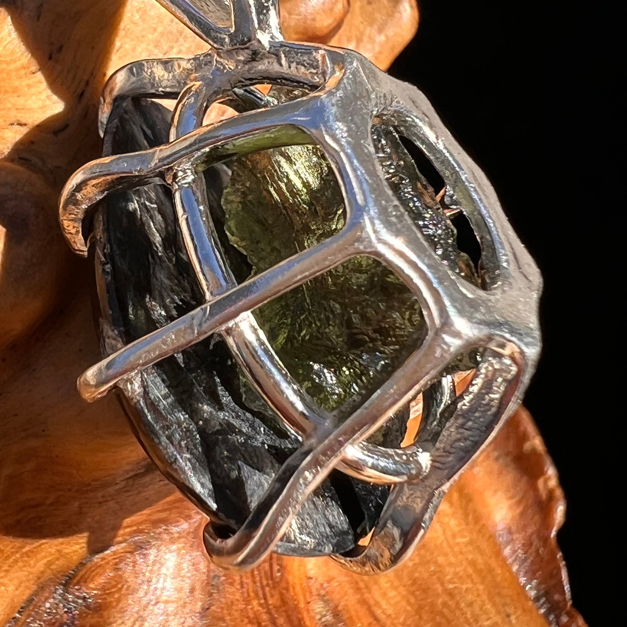 Black Seraphinite & Moldavite Pendant Sterling #6578-Moldavite Life