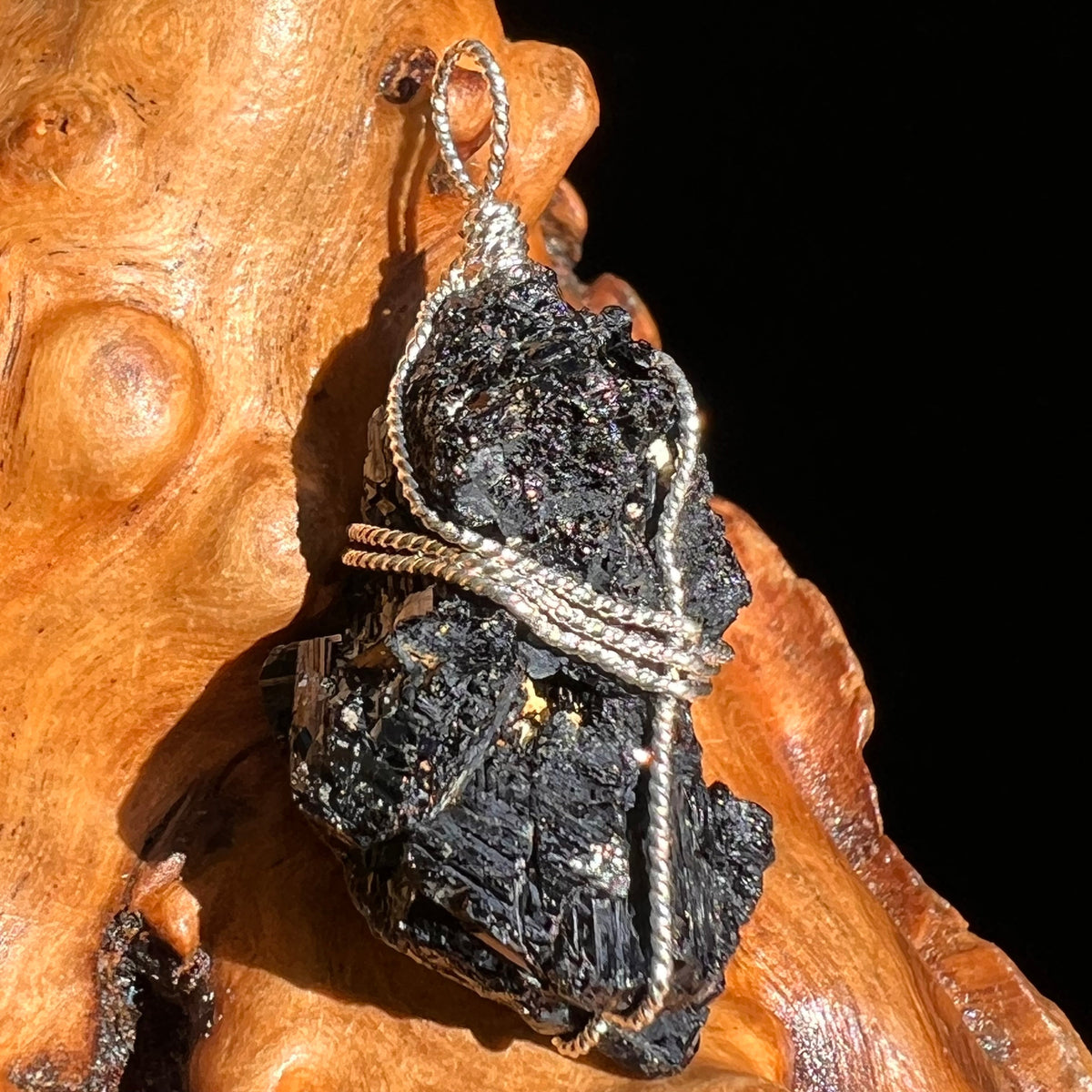 Black Tourmaline Wire Pendant Sterling #6185-Moldavite Life