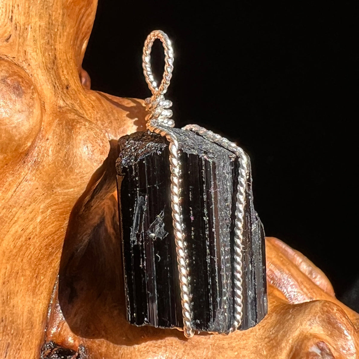 Black Tourmaline Wire Pendant Sterling #6195-Moldavite Life