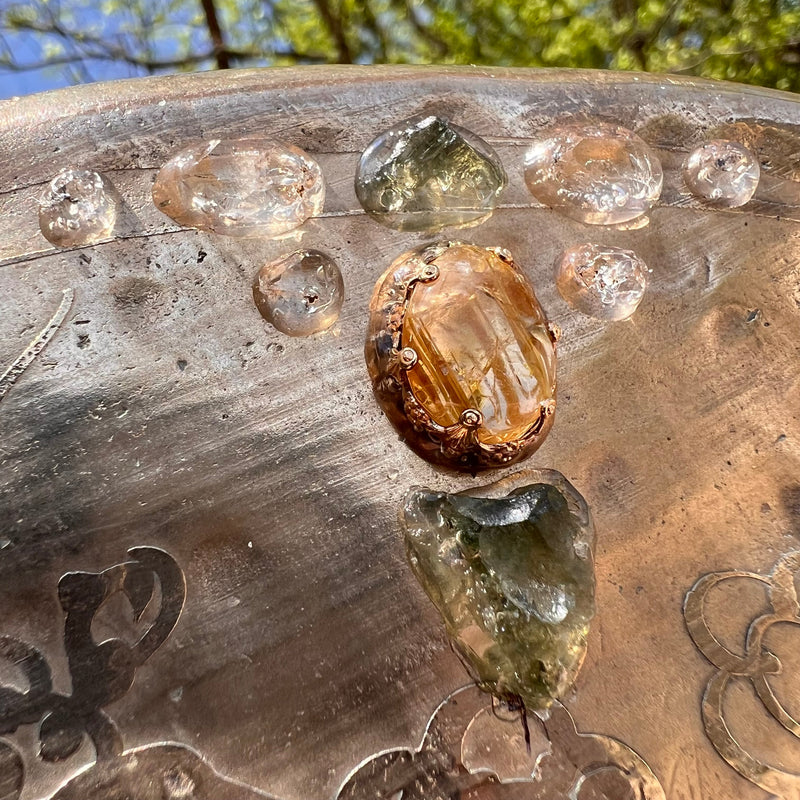 Crystal Gong Herkimer Diamond, Moldavite, & Golden Rutile #22-Moldavite Life