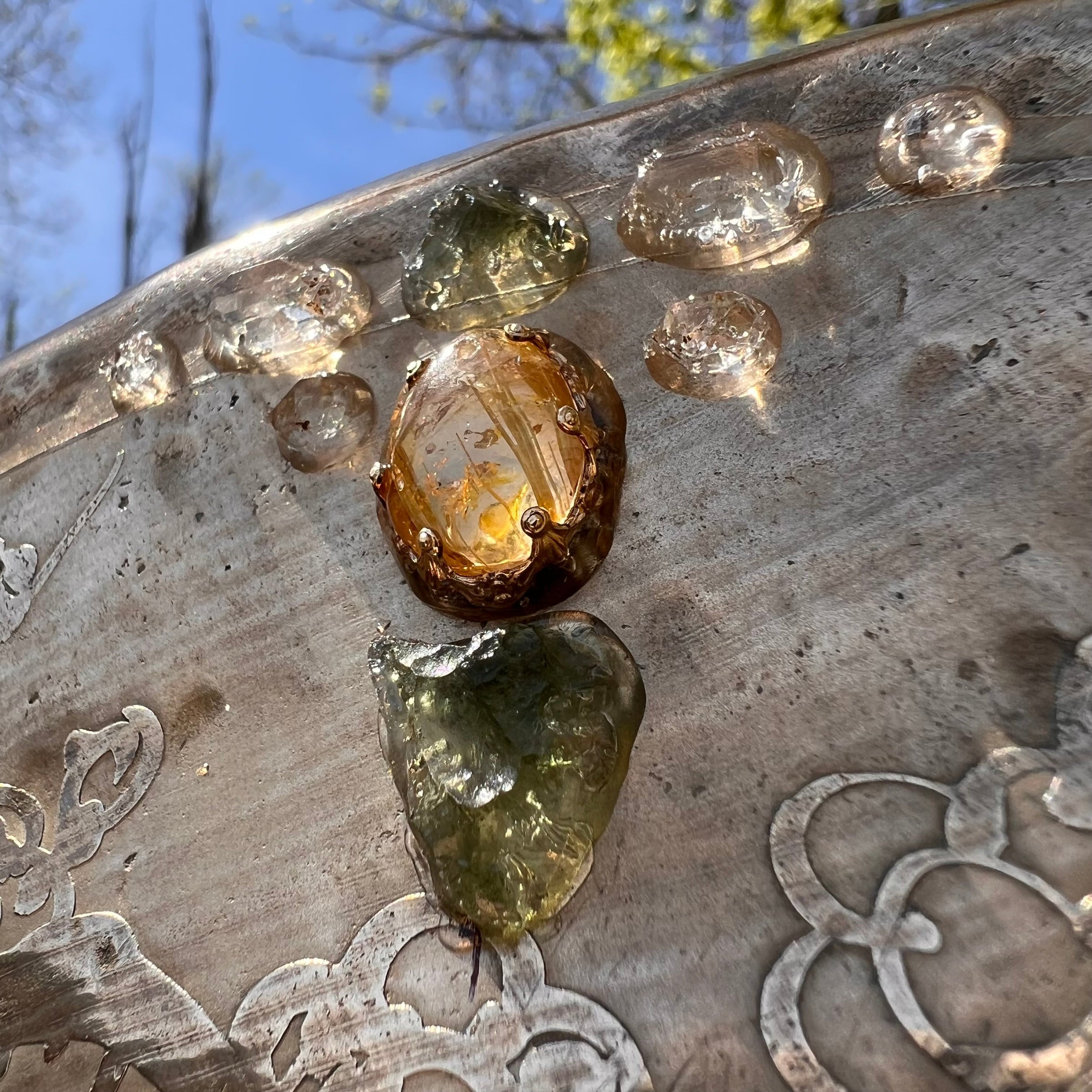 Crystal Gong Herkimer Diamond, Moldavite, & Golden Rutile #22-Moldavite Life