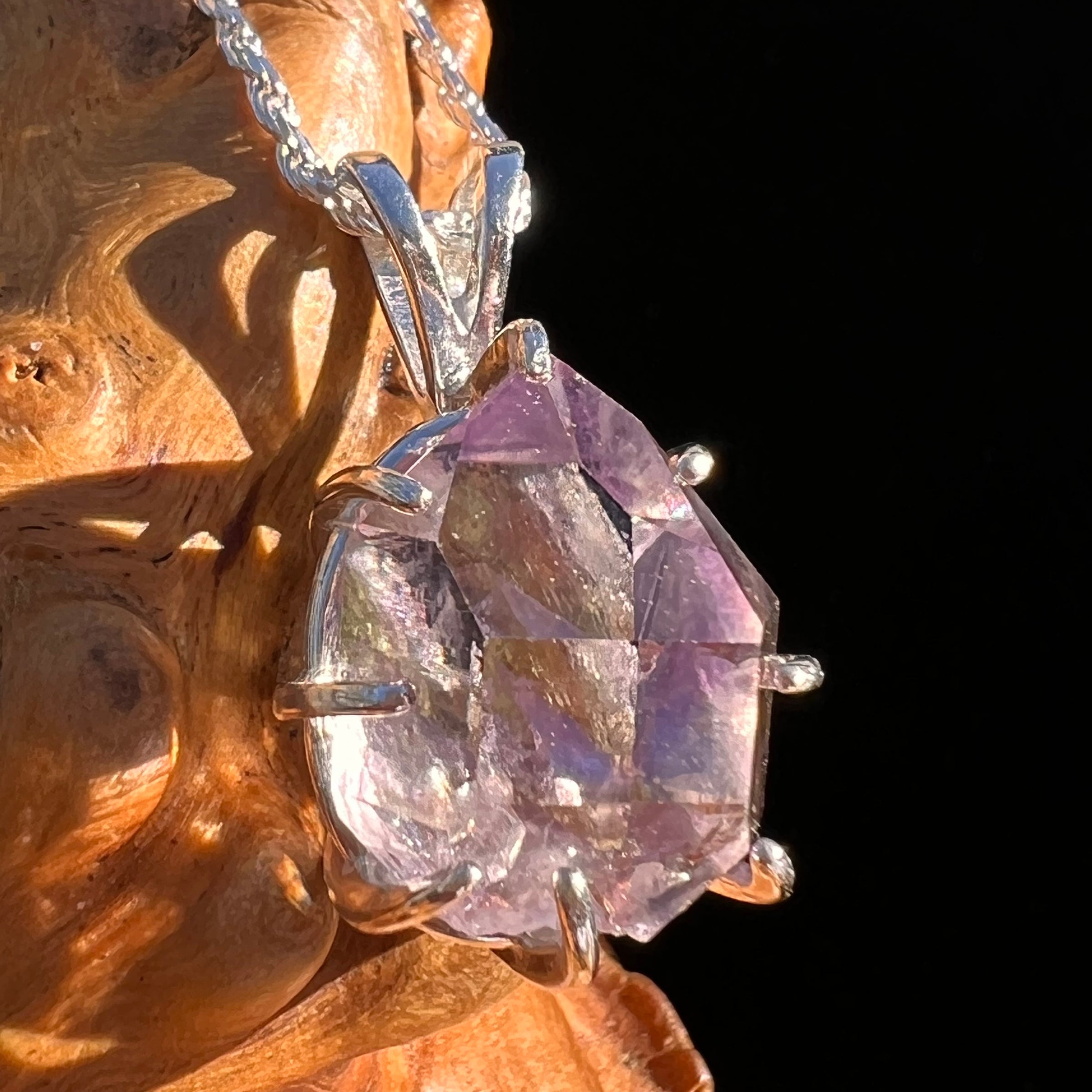 Double Terminated Amethyst & Moldavite Pendant Sterling #7627-Moldavite Life