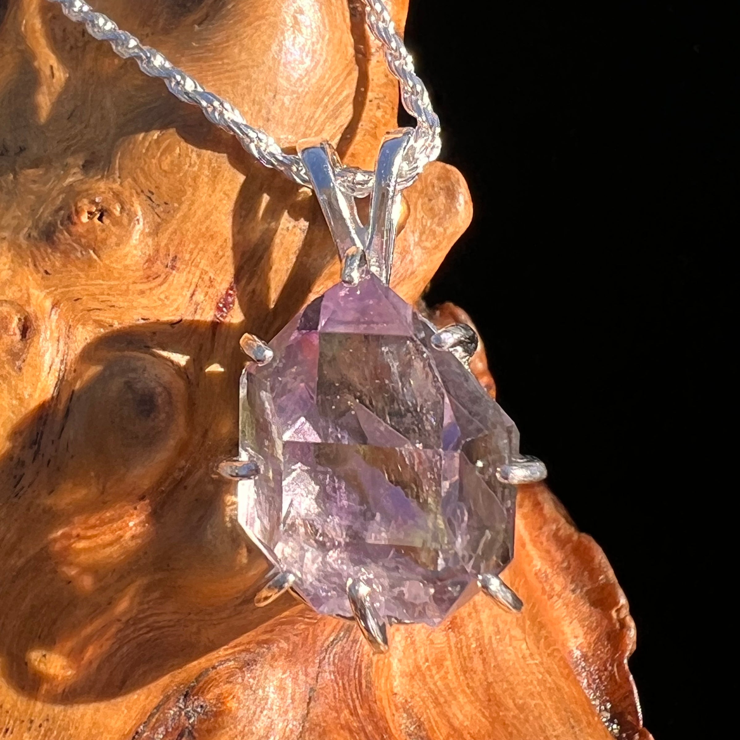 Double Terminated Amethyst & Moldavite Pendant Sterling #7627-Moldavite Life