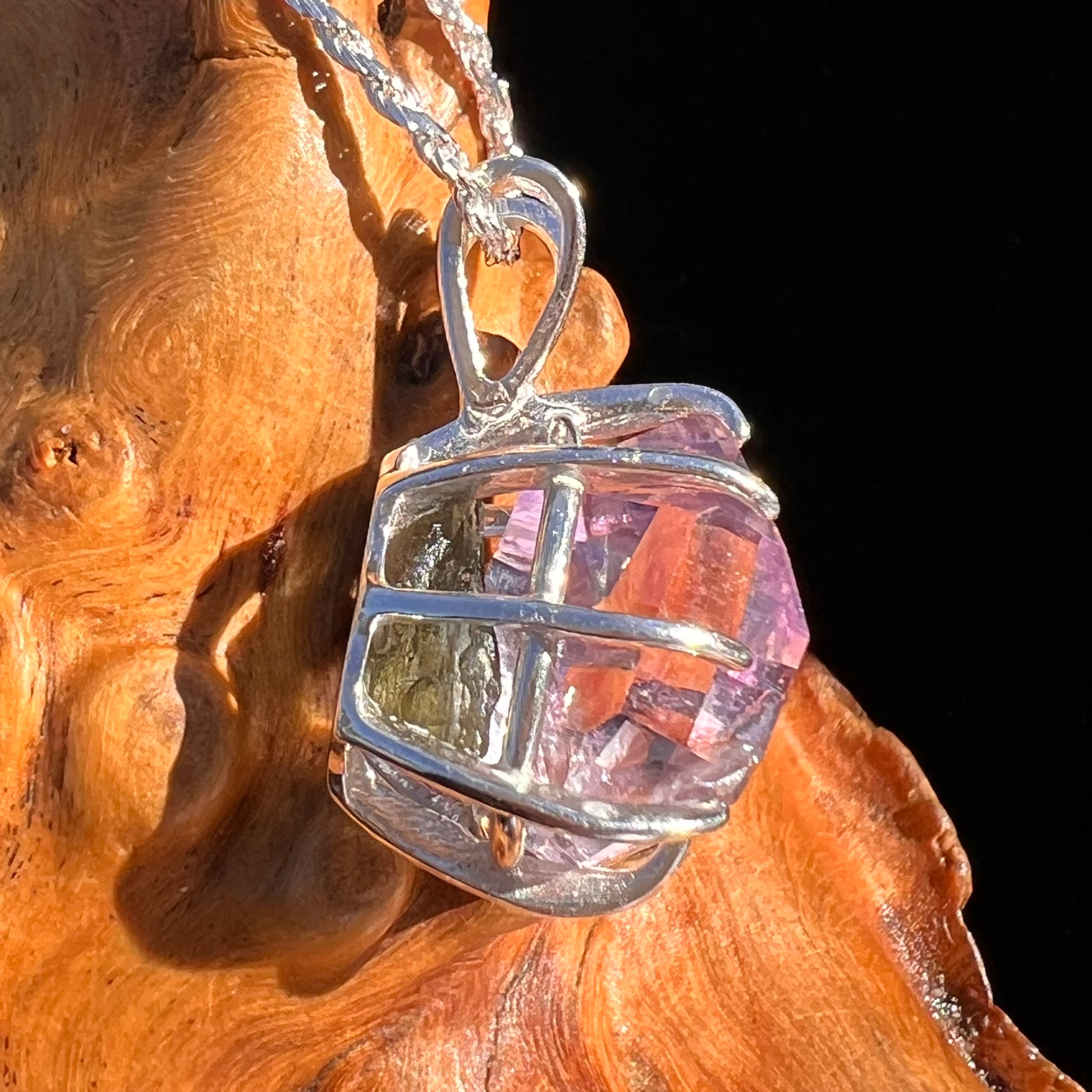 Double Terminated Amethyst & Moldavite Pendant Sterling #7627-Moldavite Life