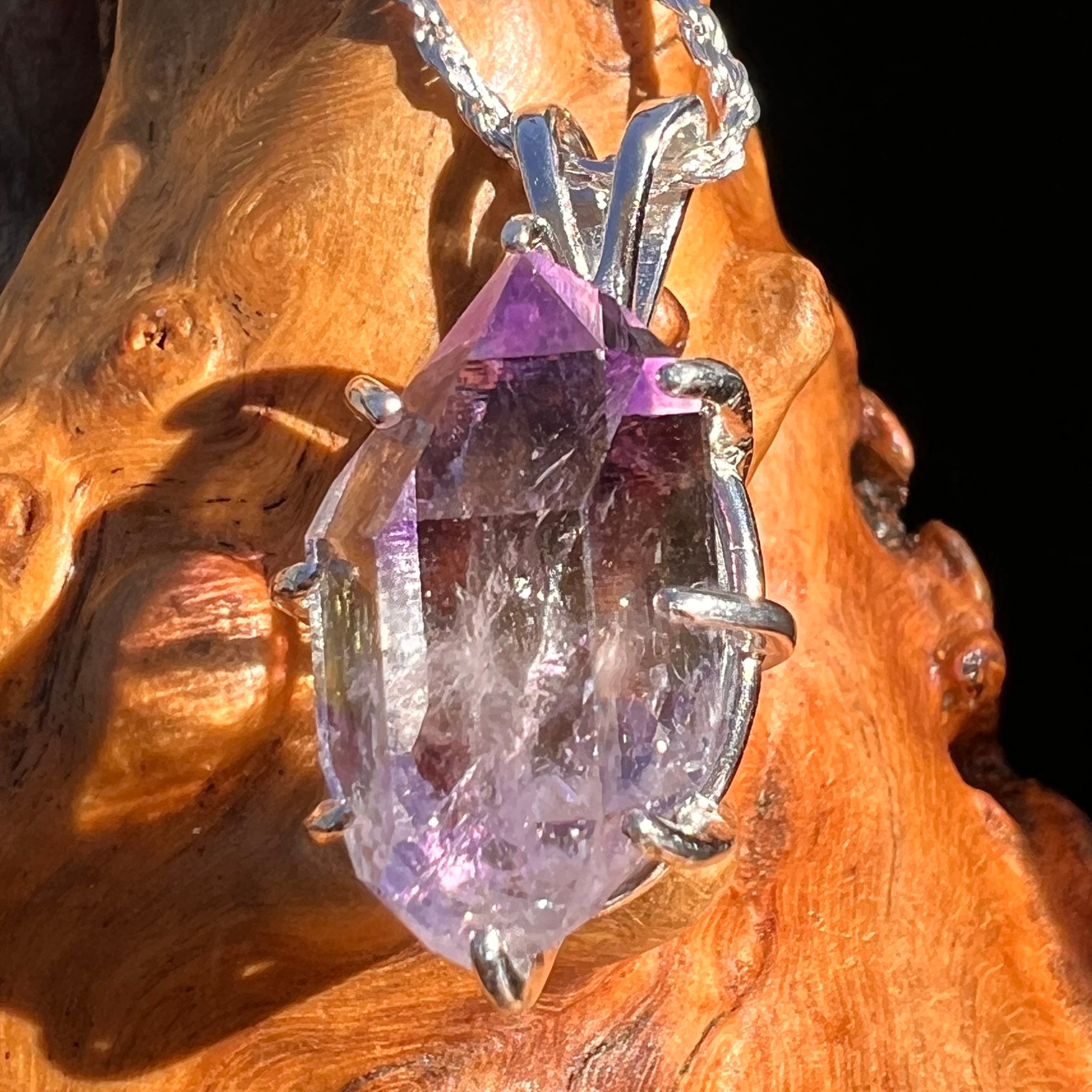 Double Terminated Amethyst & Moldavite Pendant Sterling #7628-Moldavite Life