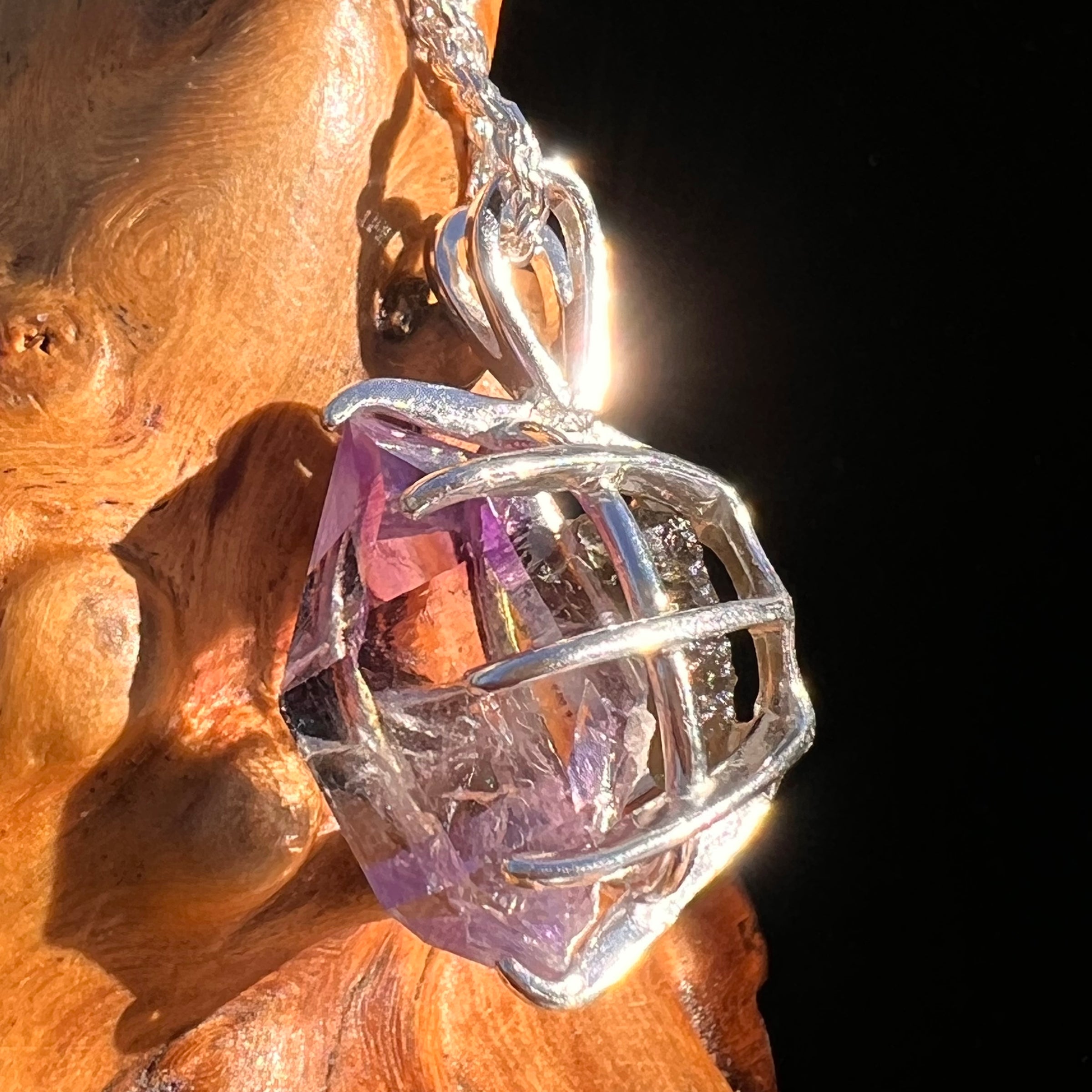 Double Terminated Amethyst & Moldavite Pendant Sterling #7628-Moldavite Life