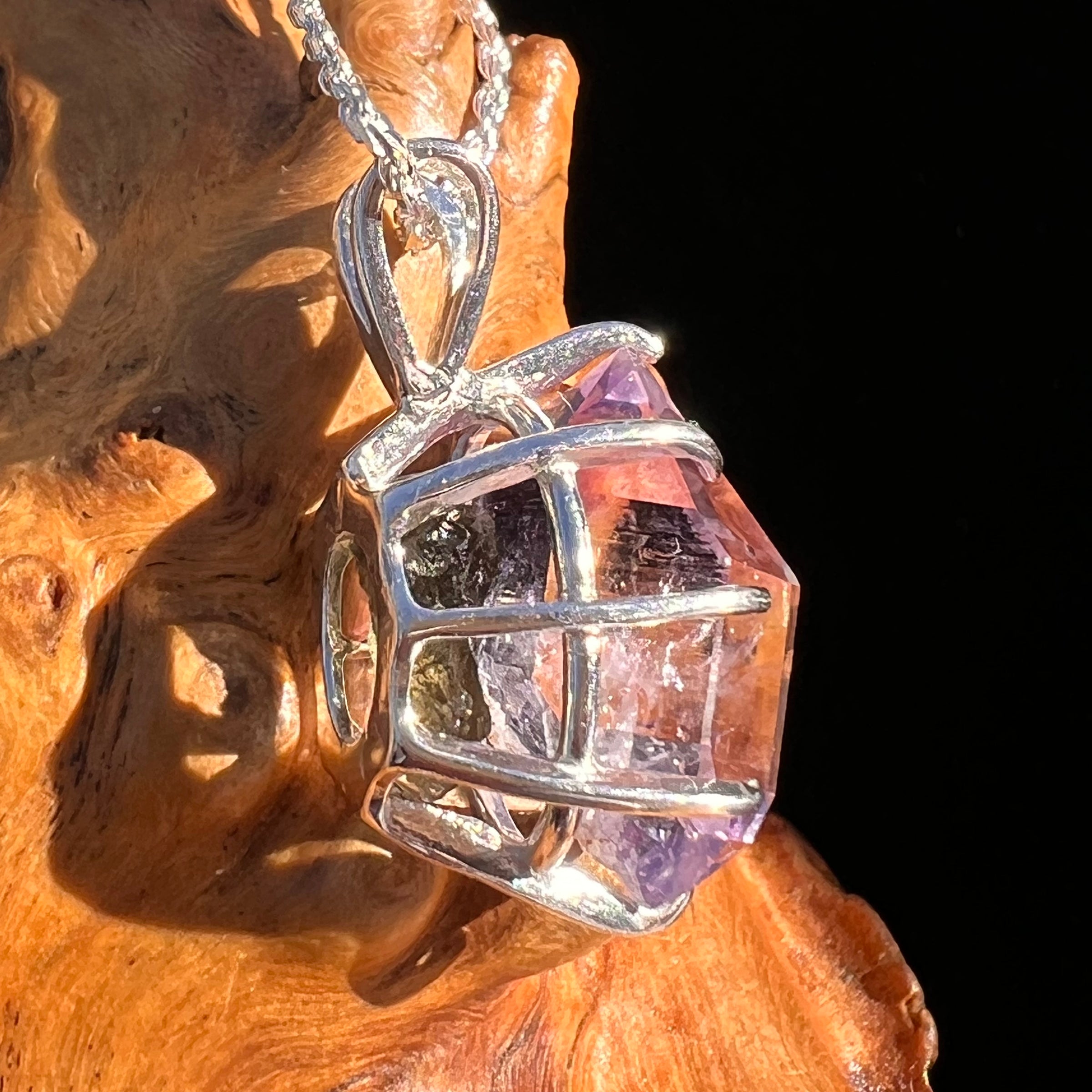 Double Terminated Amethyst & Moldavite Pendant Sterling #7628-Moldavite Life