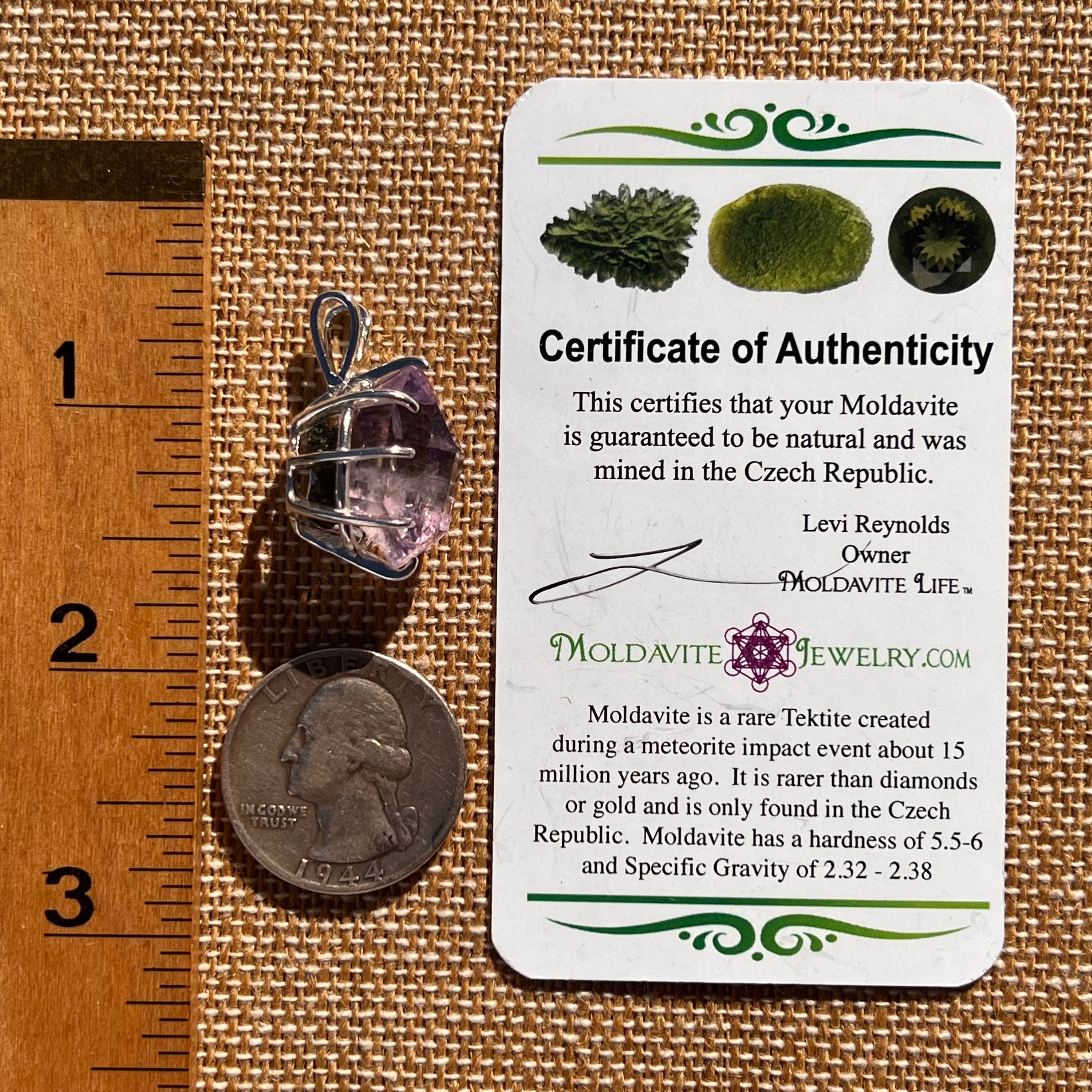 Double Terminated Amethyst & Moldavite Pendant Sterling #7628-Moldavite Life