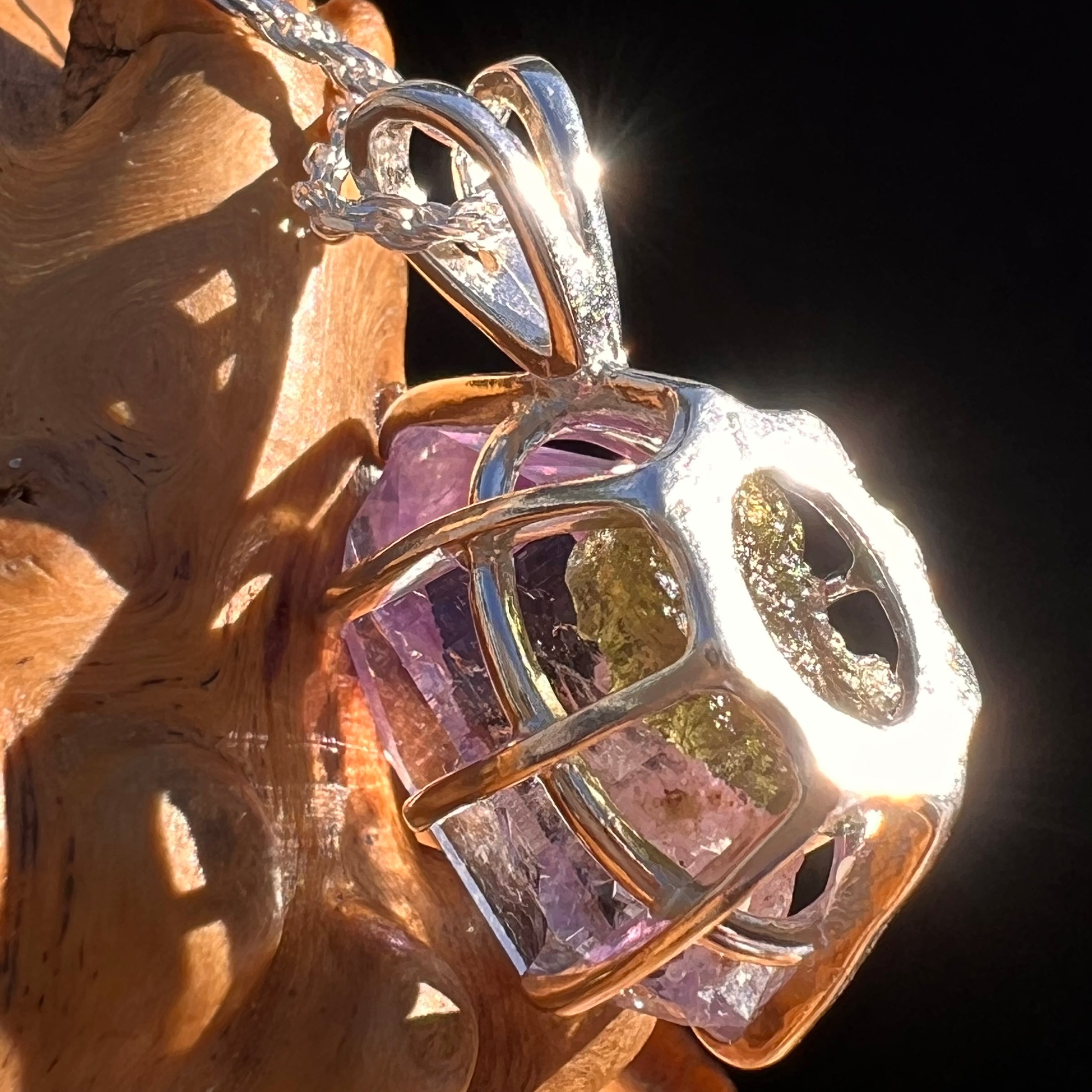 Double Terminated Amethyst & Moldavite Pendant Sterling #7628-Moldavite Life