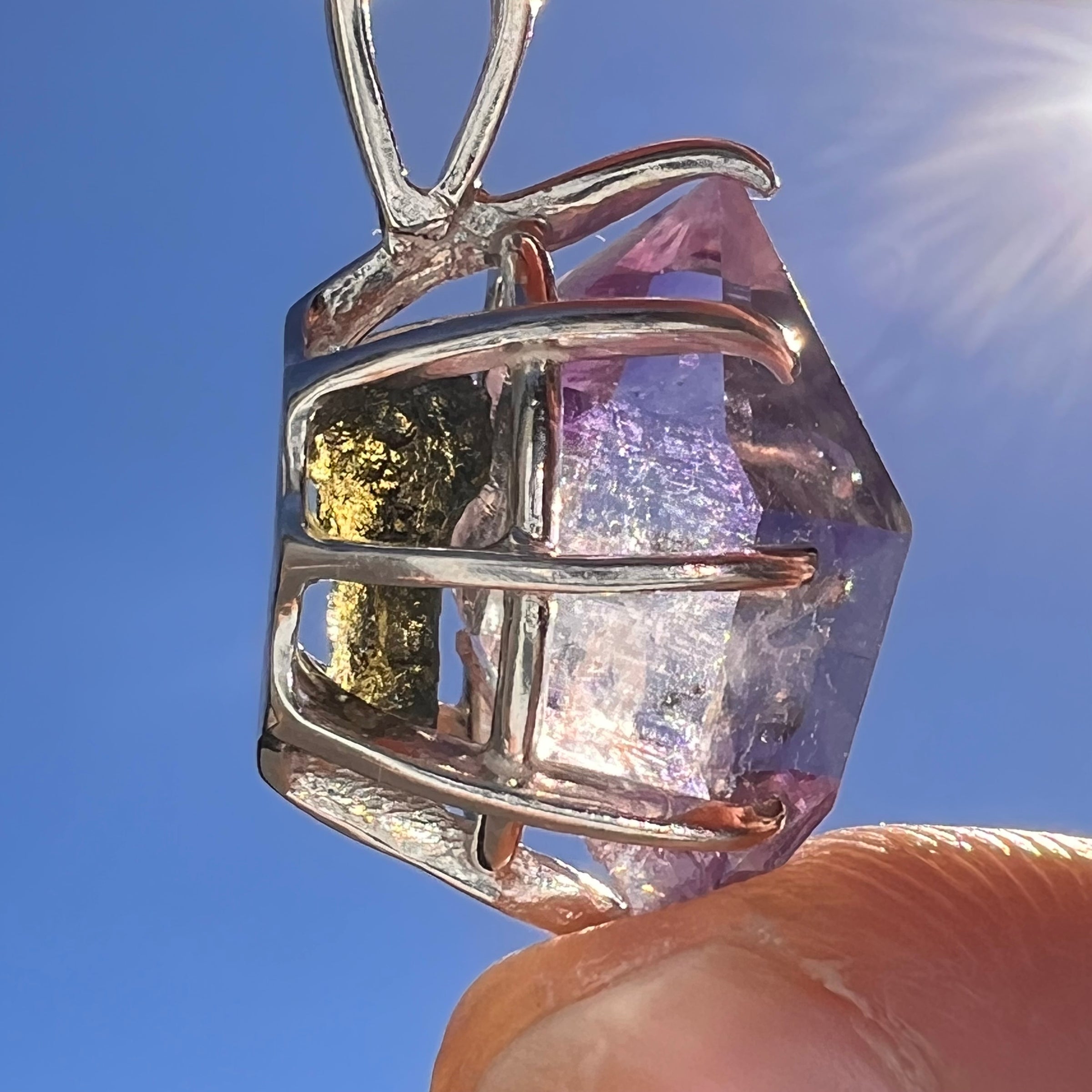 Double Terminated Amethyst & Moldavite Pendant Sterling #7628-Moldavite Life
