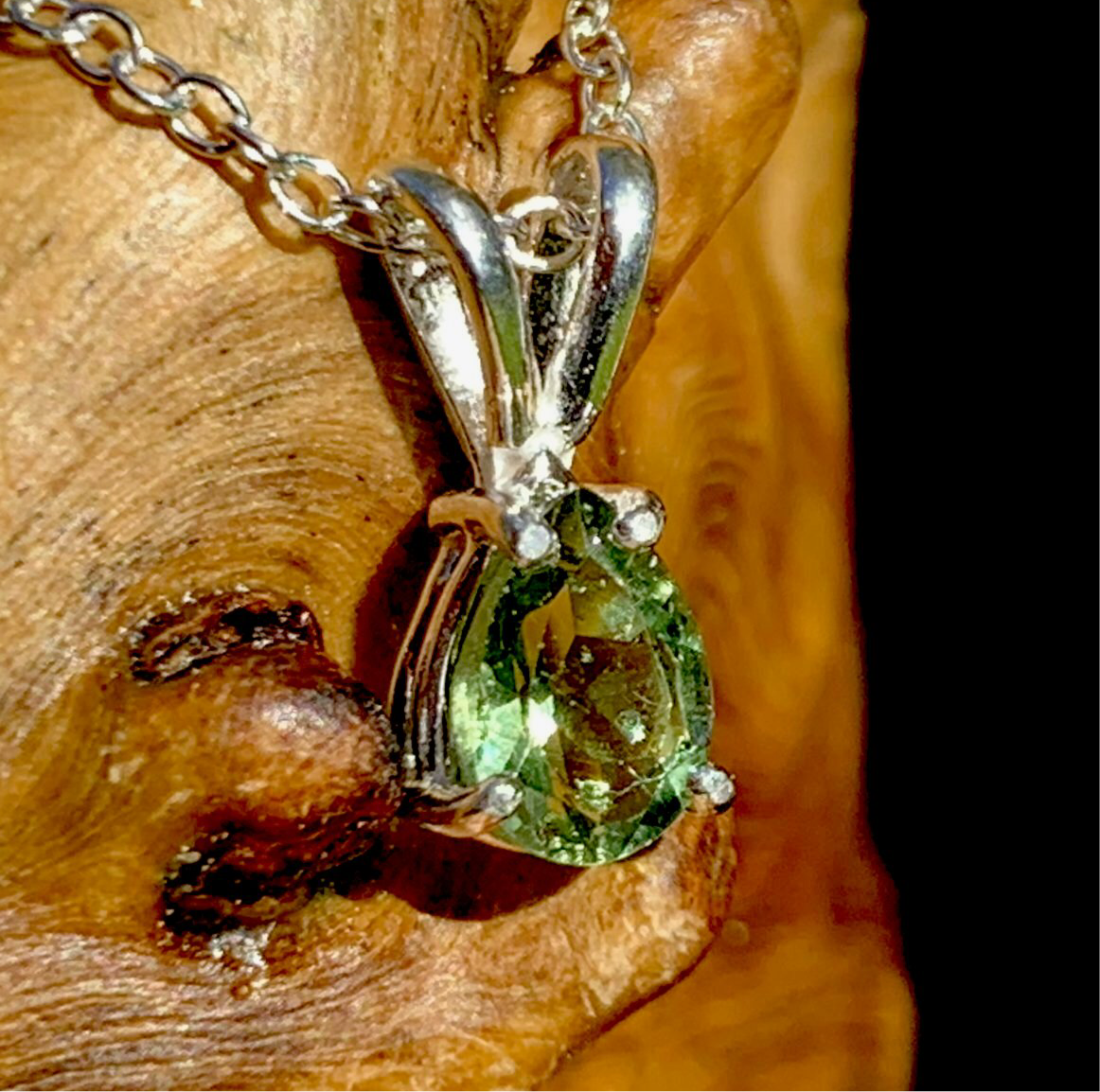 Small Moldavite Pear Necklace Sterling Silver