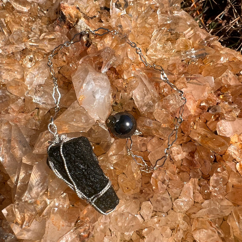 Hematite & Moldavite Pendulum #14-Moldavite Life