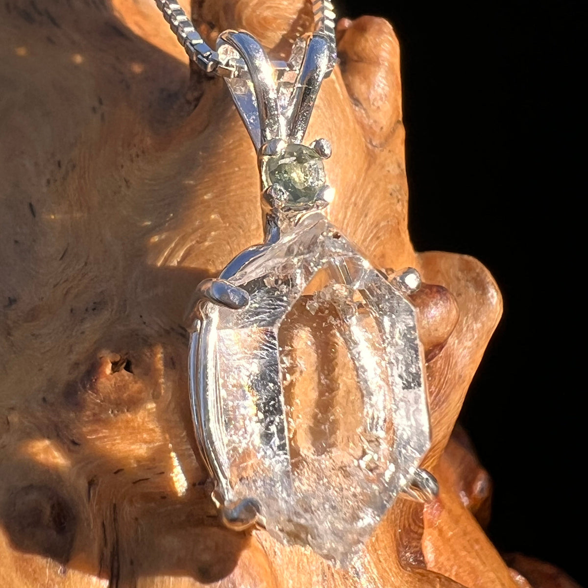 Herkimer Diamond & Moldavite Necklace Sterling #6061-Moldavite Life