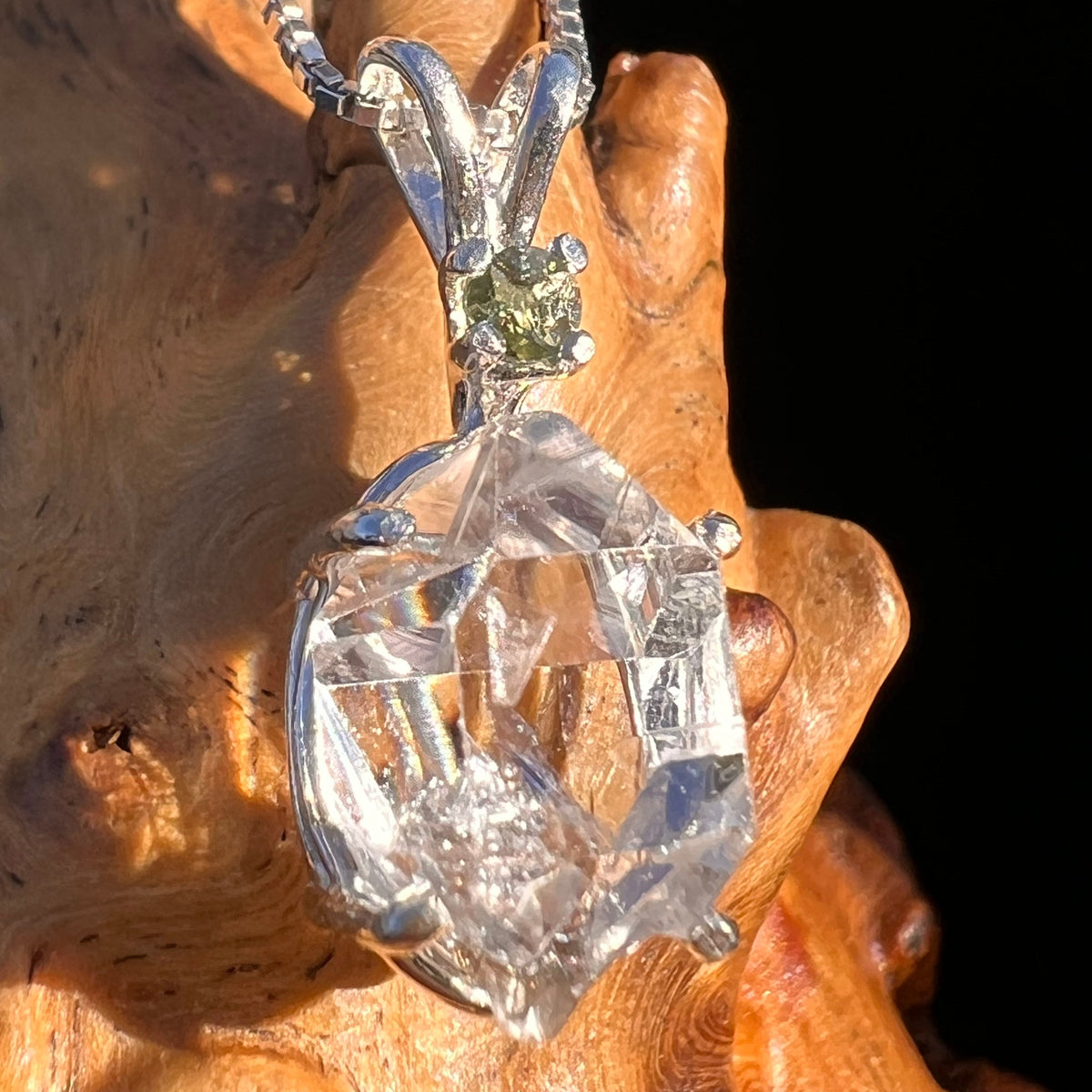 Herkimer Diamond & Moldavite Necklace Sterling #6062-Moldavite Life