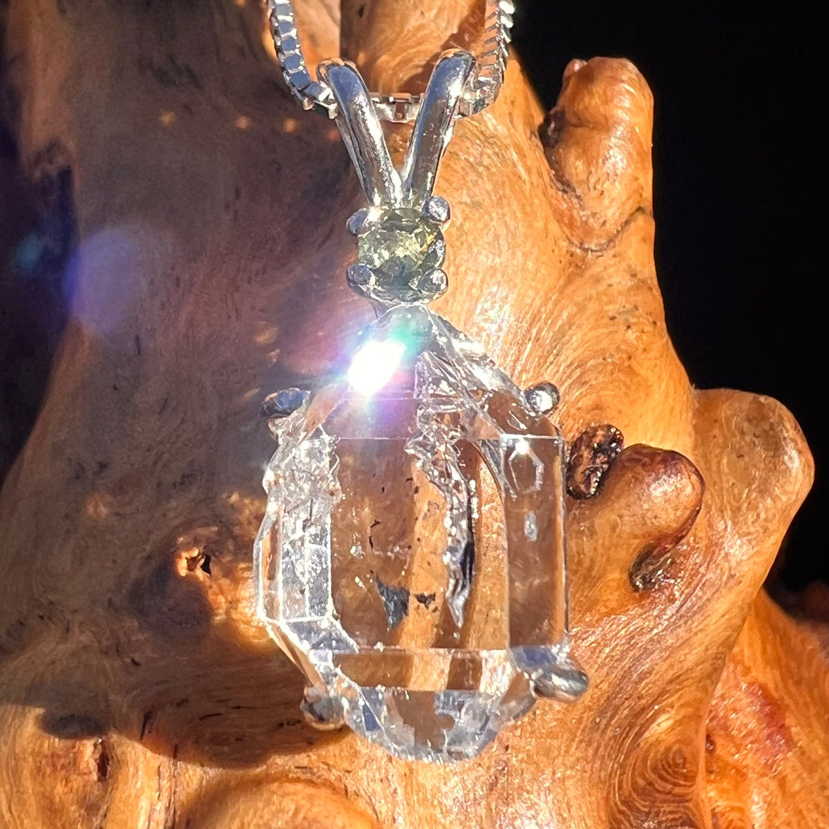 Herkimer Diamond & Moldavite Necklace Sterling #6064-Moldavite Life