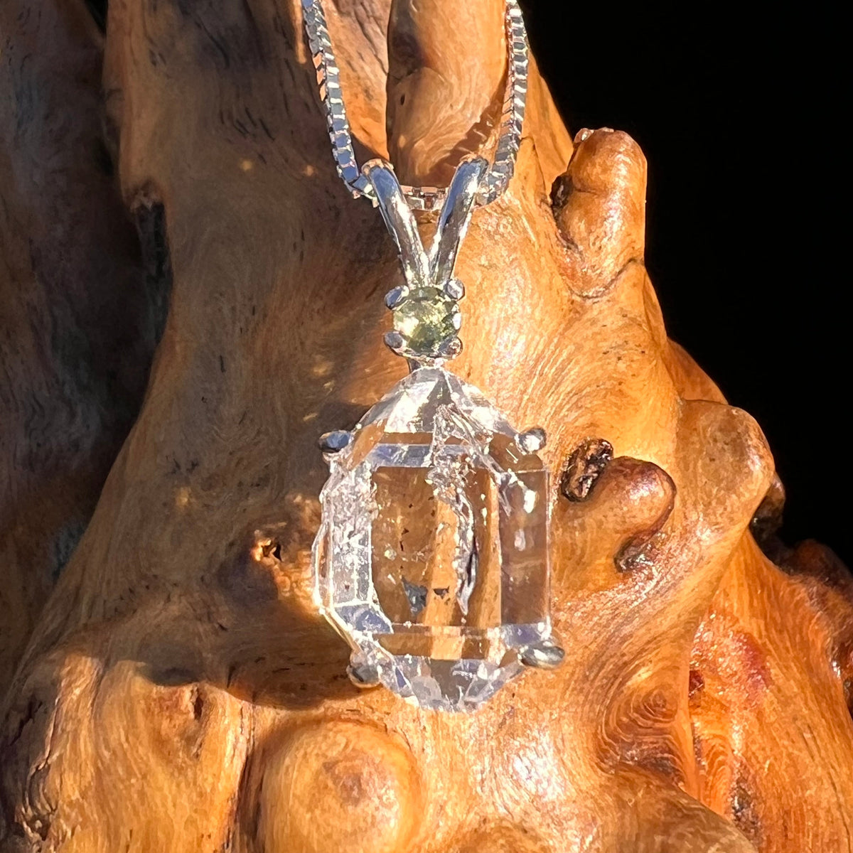 Herkimer Diamond & Moldavite Necklace Sterling #6064-Moldavite Life