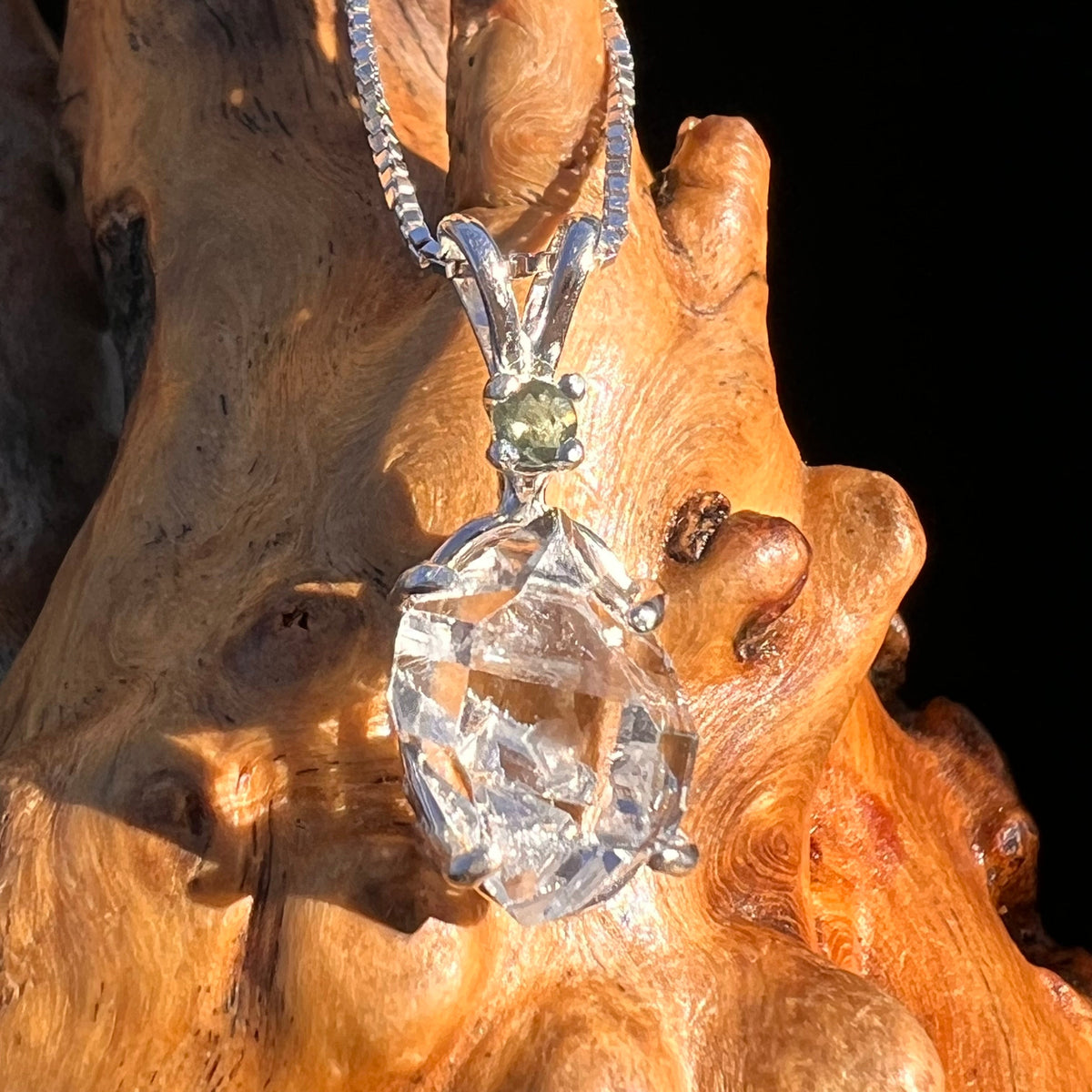 Herkimer Diamond & Moldavite Necklace Sterling #6065-Moldavite Life