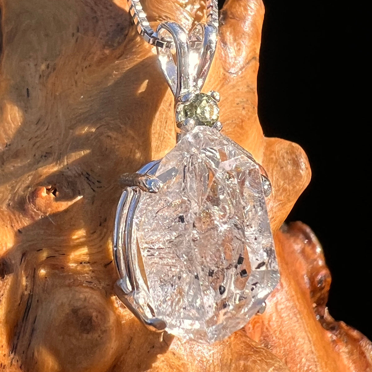 Herkimer Diamond & Moldavite Necklace Sterling #6066-Moldavite Life