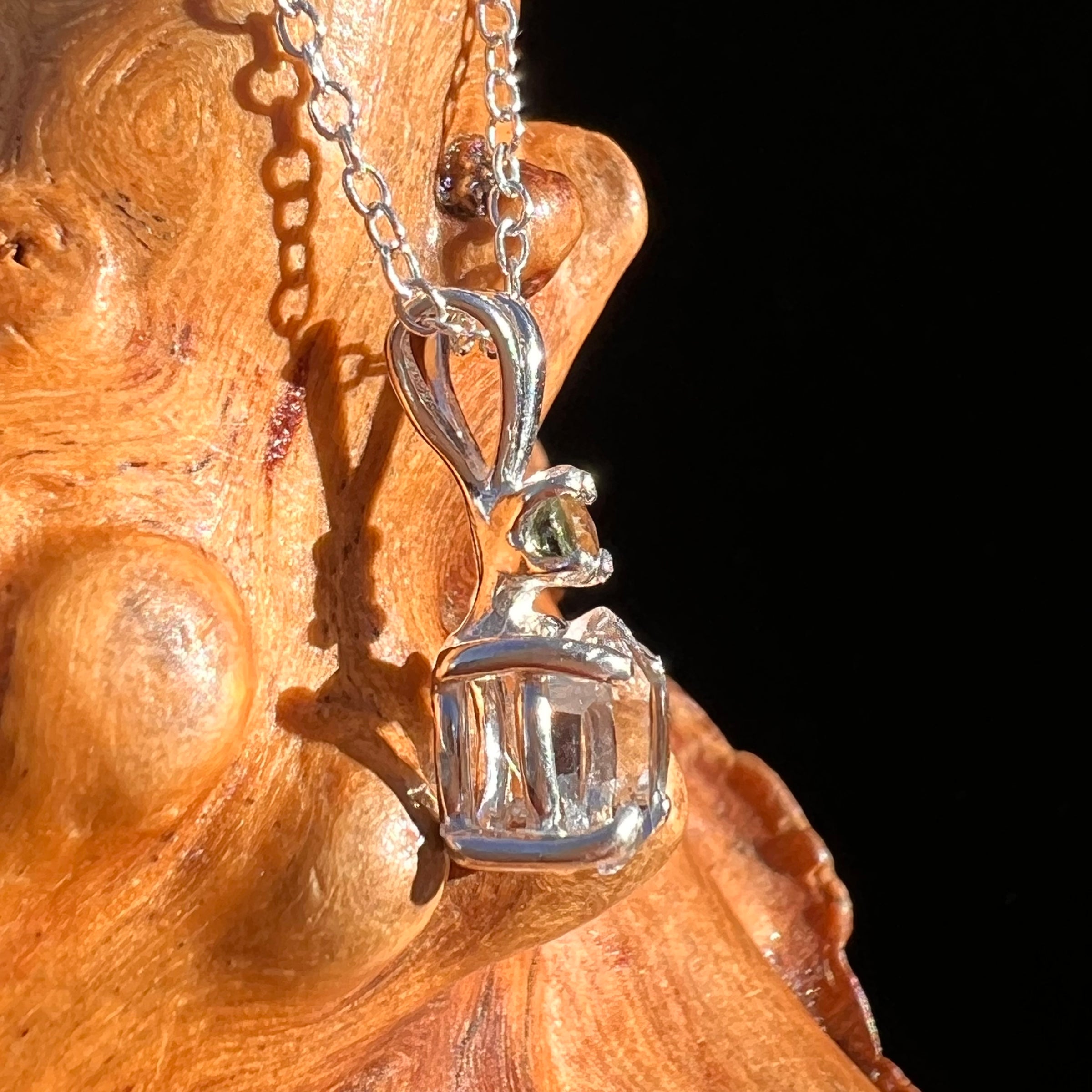 Herkimer Diamond & Moldavite Necklace Sterling #8014-Moldavite Life