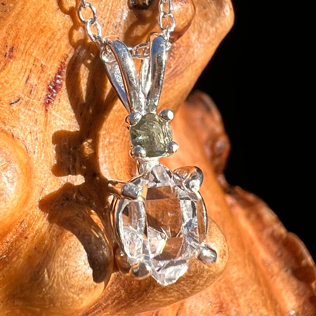 Herkimer Diamond & Moldavite Necklace Sterling #8015-Moldavite Life