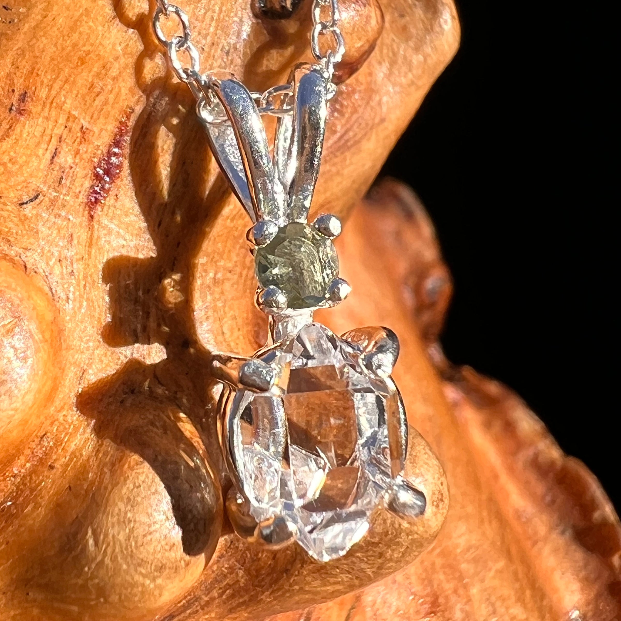 Herkimer Diamond & Moldavite Necklace Sterling #8015-Moldavite Life