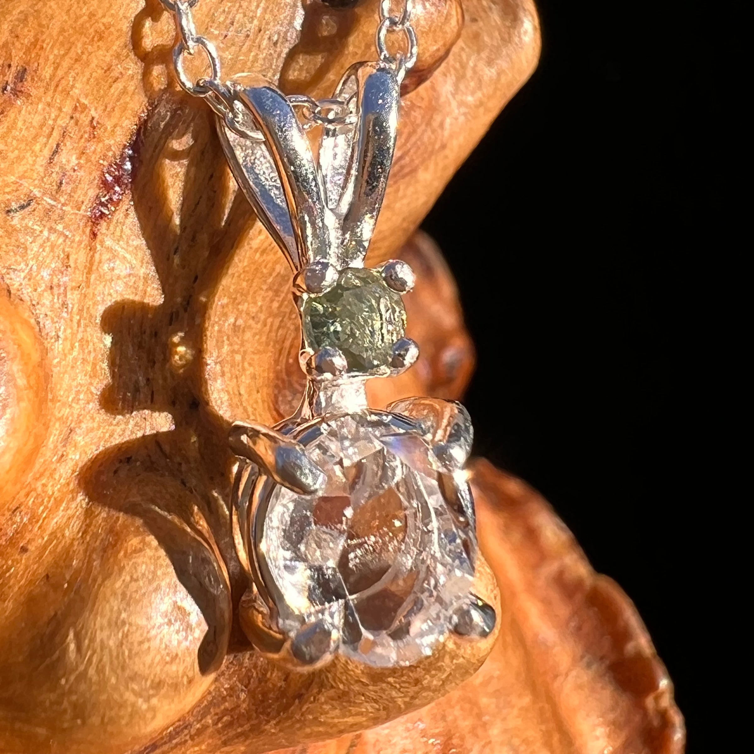 Herkimer Diamond & Moldavite Necklace Sterling #8019-Moldavite Life