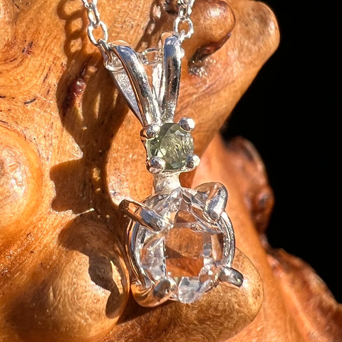 Herkimer Diamond & Moldavite Necklace Sterling #8025-Moldavite Life