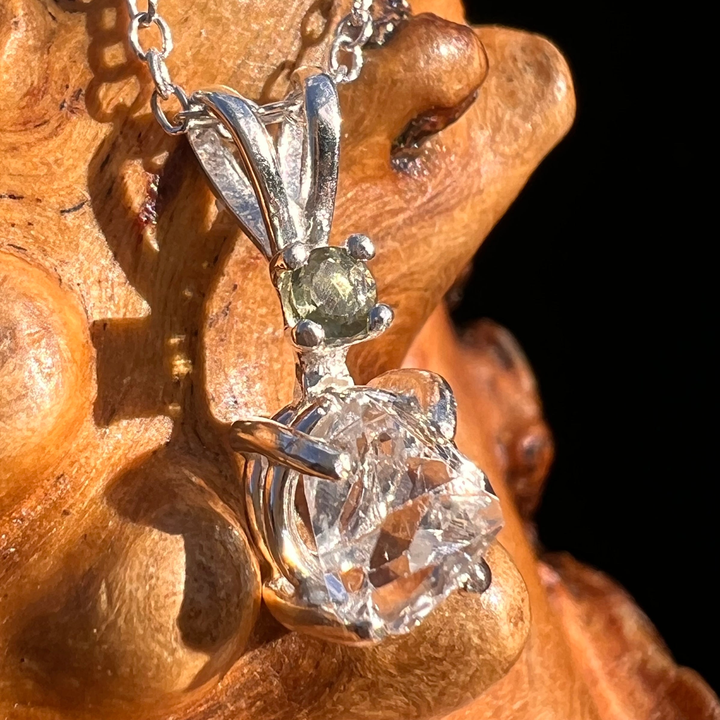 Herkimer Diamond & Moldavite Necklace Sterling #8026-Moldavite Life