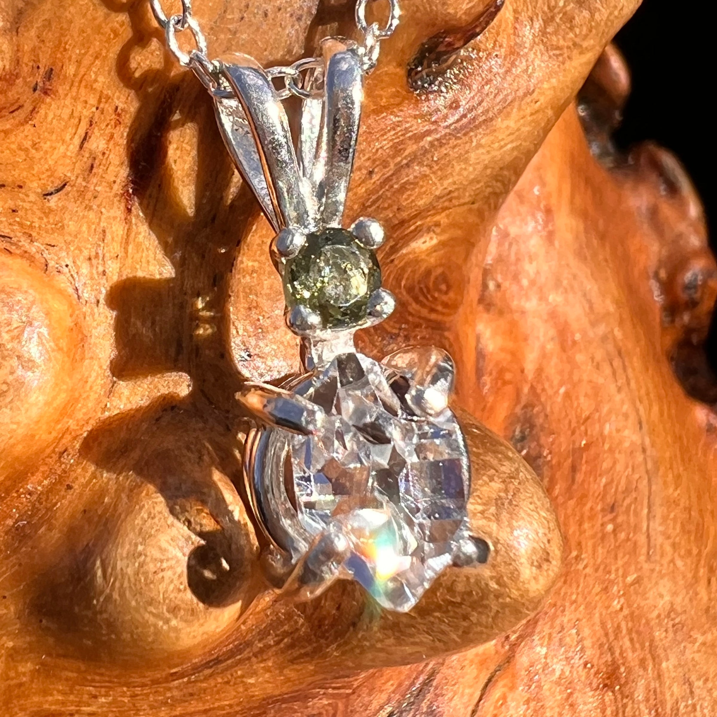Herkimer Diamond & Moldavite Necklace Sterling #8028-Moldavite Life
