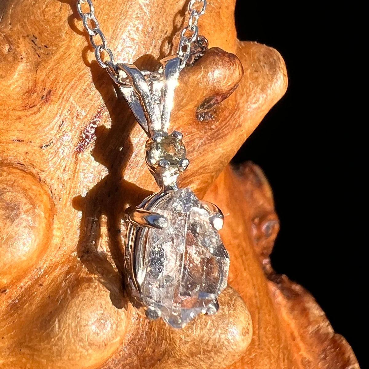 Herkimer Diamond & Moldavite Necklace Sterling #8178-Moldavite Life