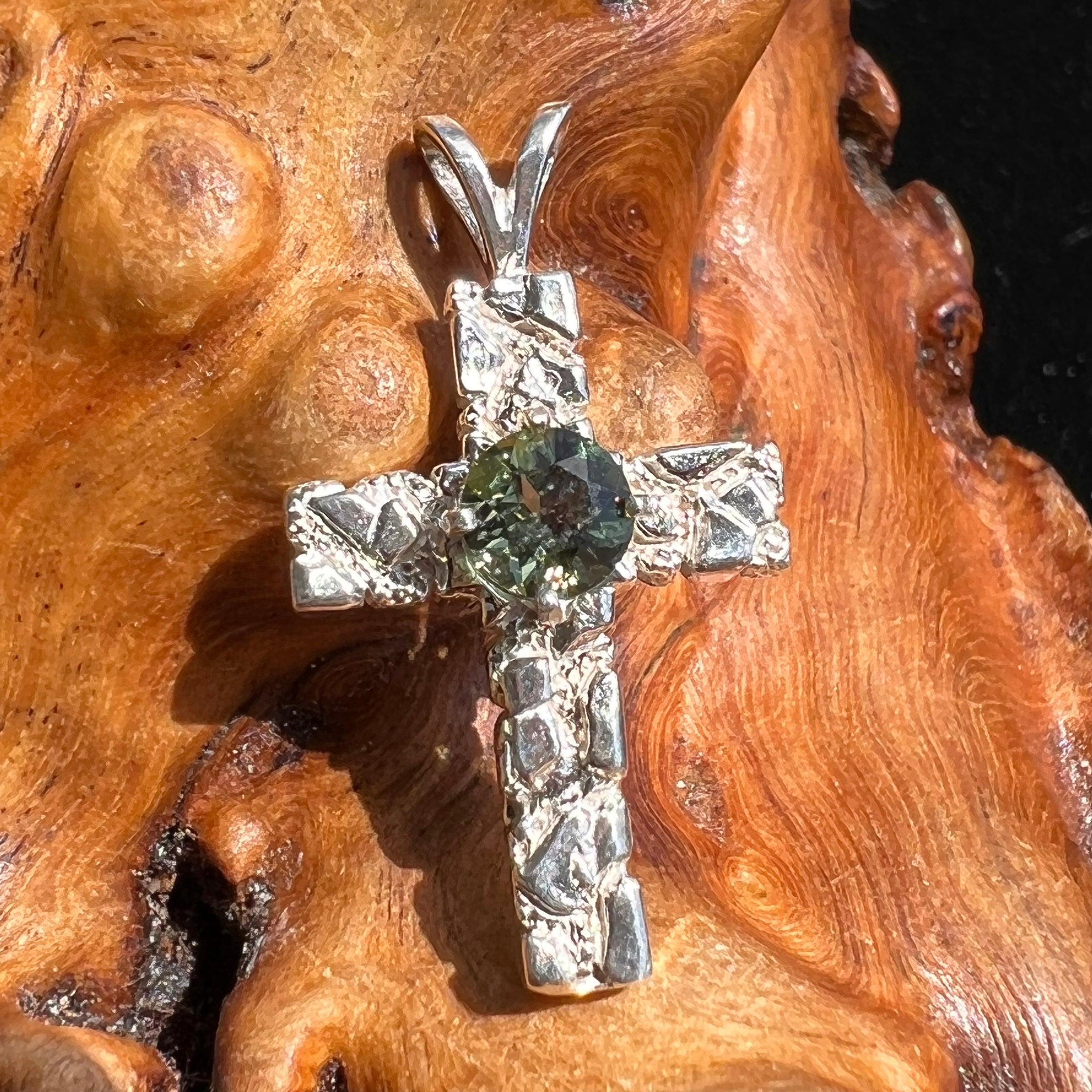 Moldavite Faceted Cross Pendant Silver #2573