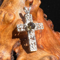 Moldavite Faceted Cross Pendant Silver #2574