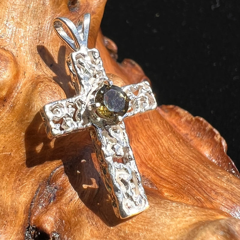 Moldavite Faceted Cross Pendant Silver #2574