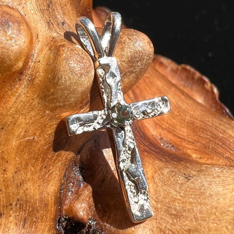 Moldavite Faceted Dainty Cross Pendant Silver #2576