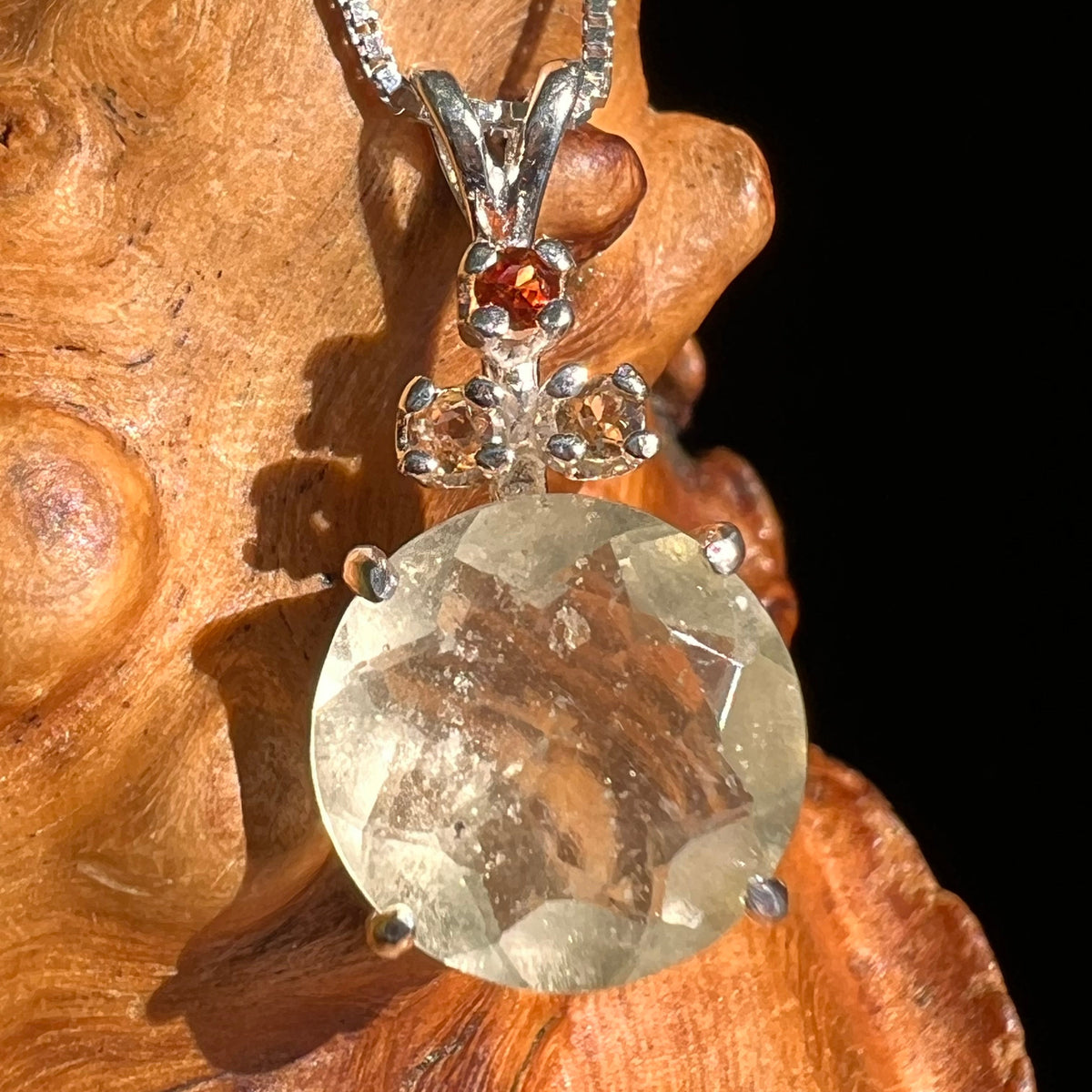 Libyan Desert Glass & Faceted Garnet Necklace Sterling #5175-Moldavite Life