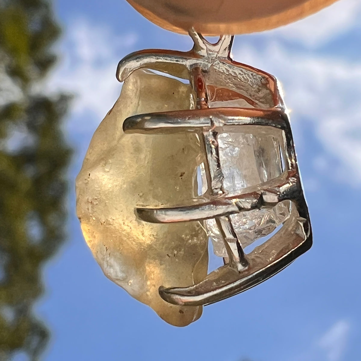 Libyan Desert Glass & Phenakite Pendant Sterling #8923-Moldavite Life