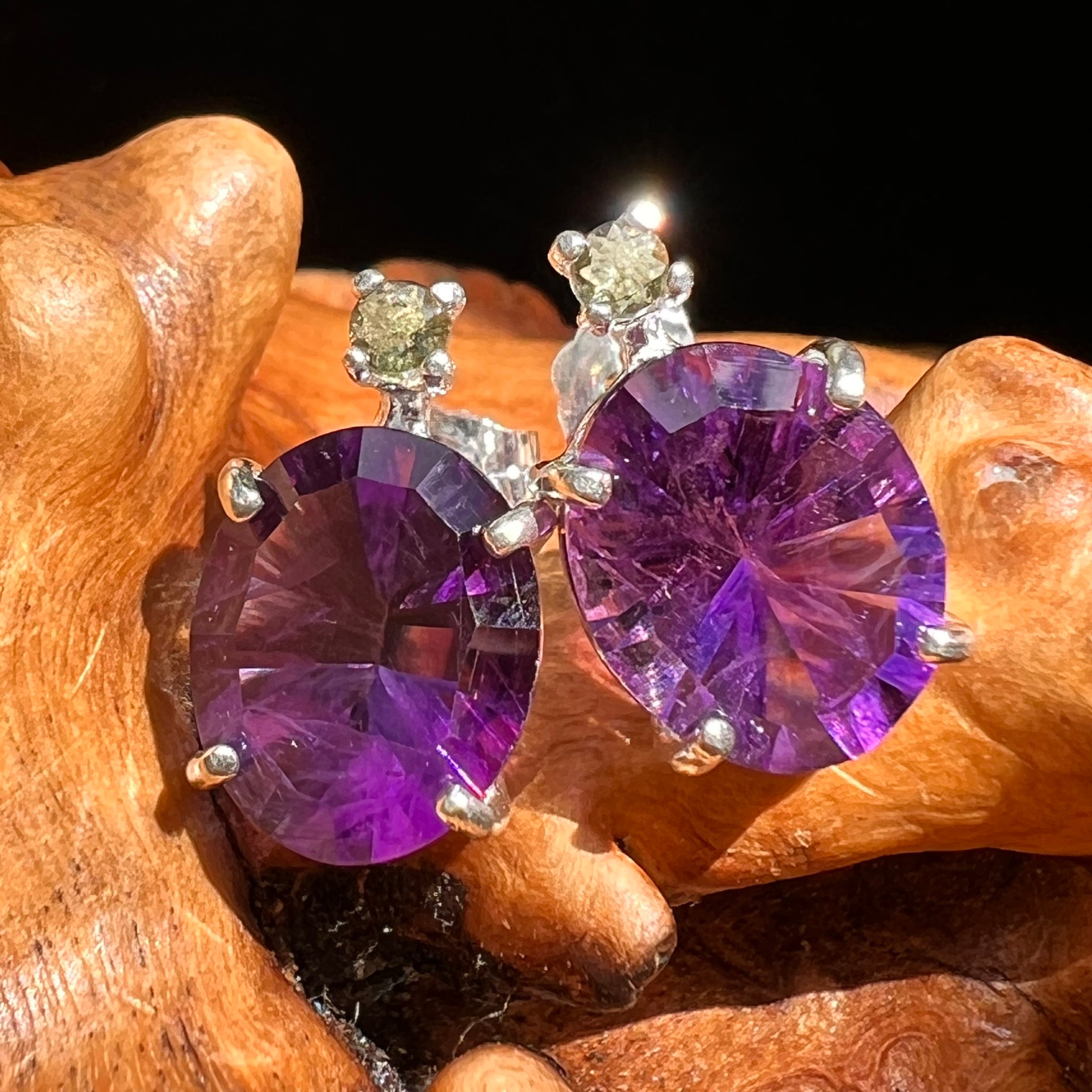 Moldavite & Amethyst Earrings Sterling Silver #8588-Moldavite Life