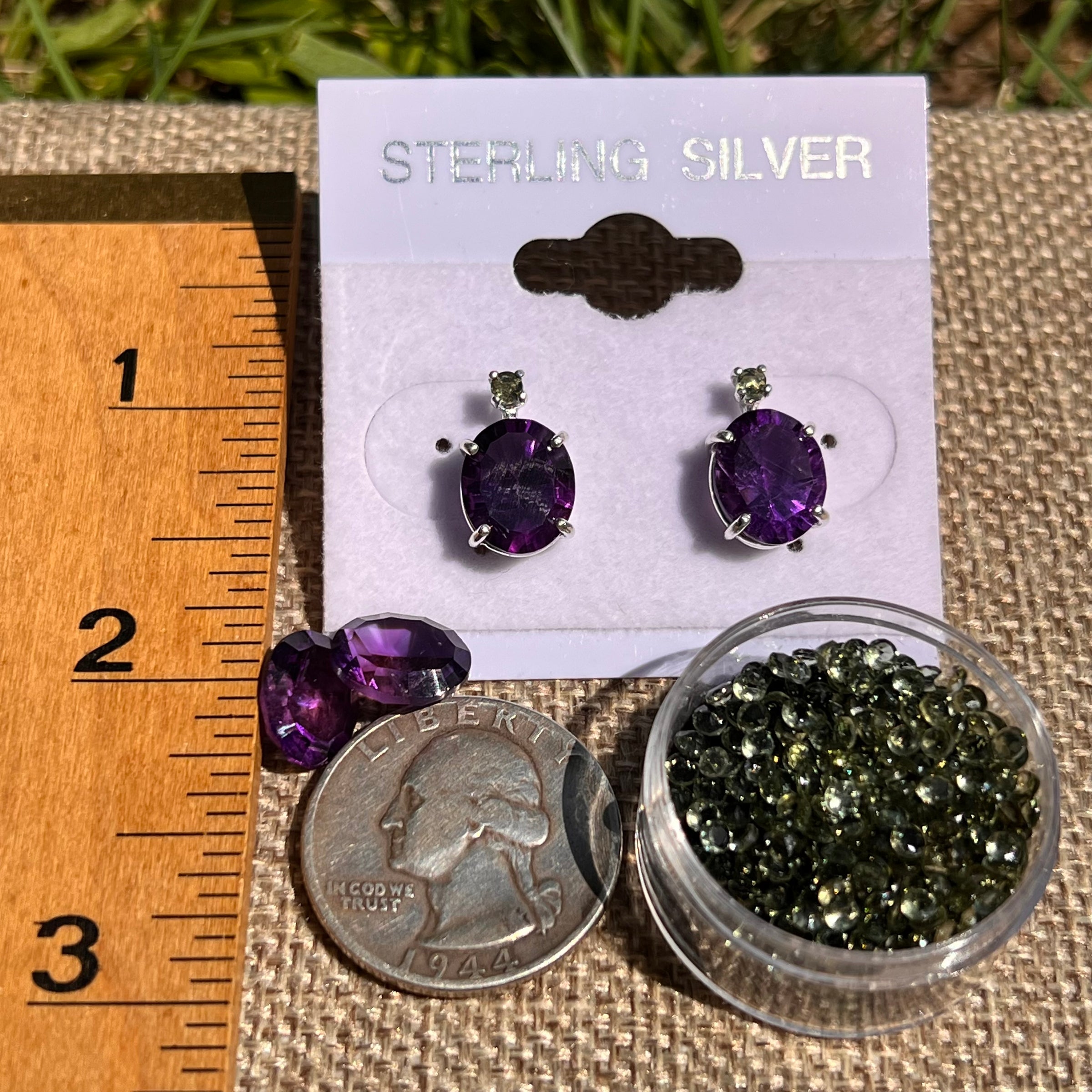 Moldavite & Amethyst Earrings Sterling Silver #8588-Moldavite Life