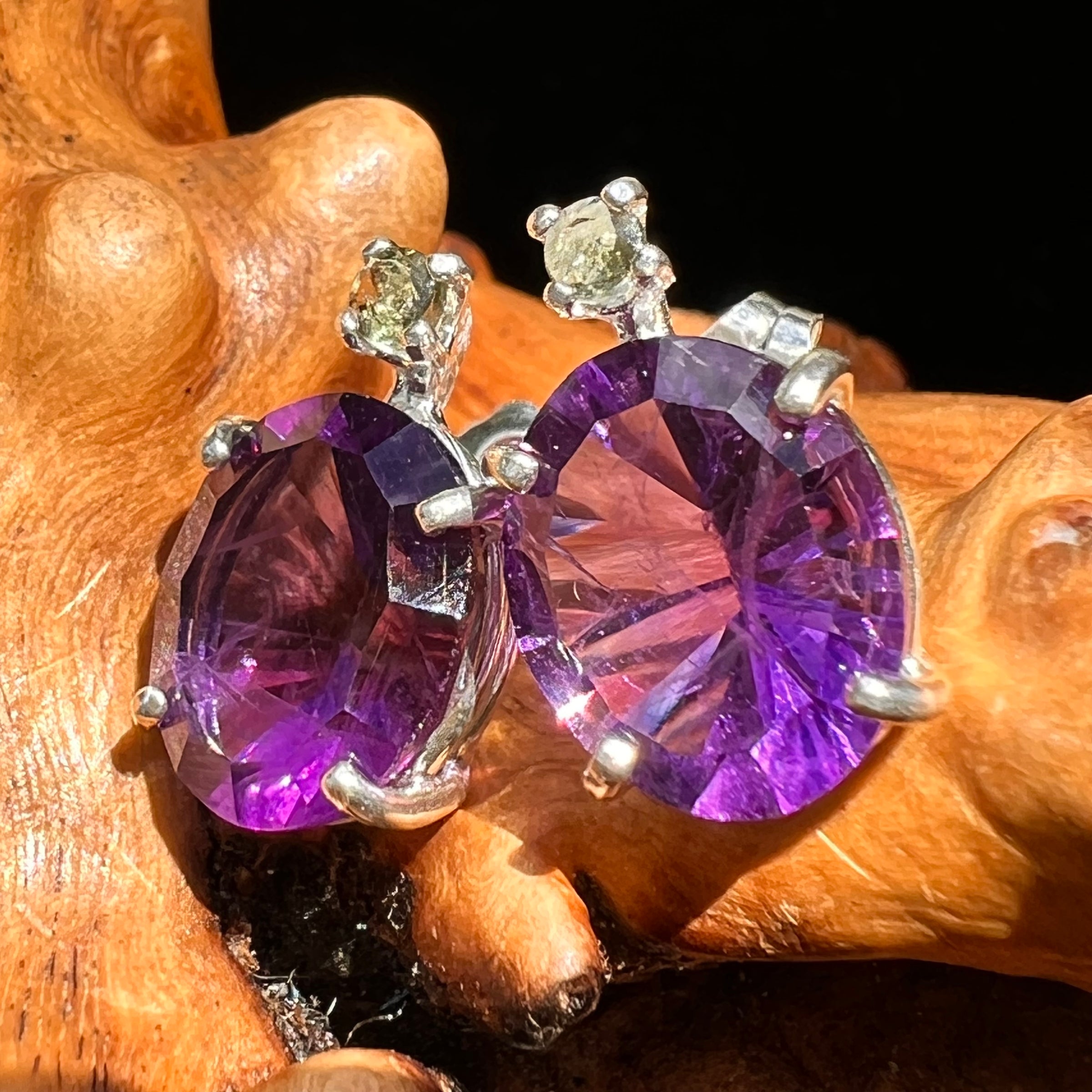 Moldavite & Amethyst Earrings Sterling Silver #8588-Moldavite Life