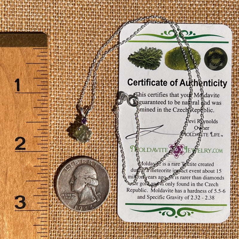 Moldavite & Amethyst Necklace Sterling #7262-Moldavite Life