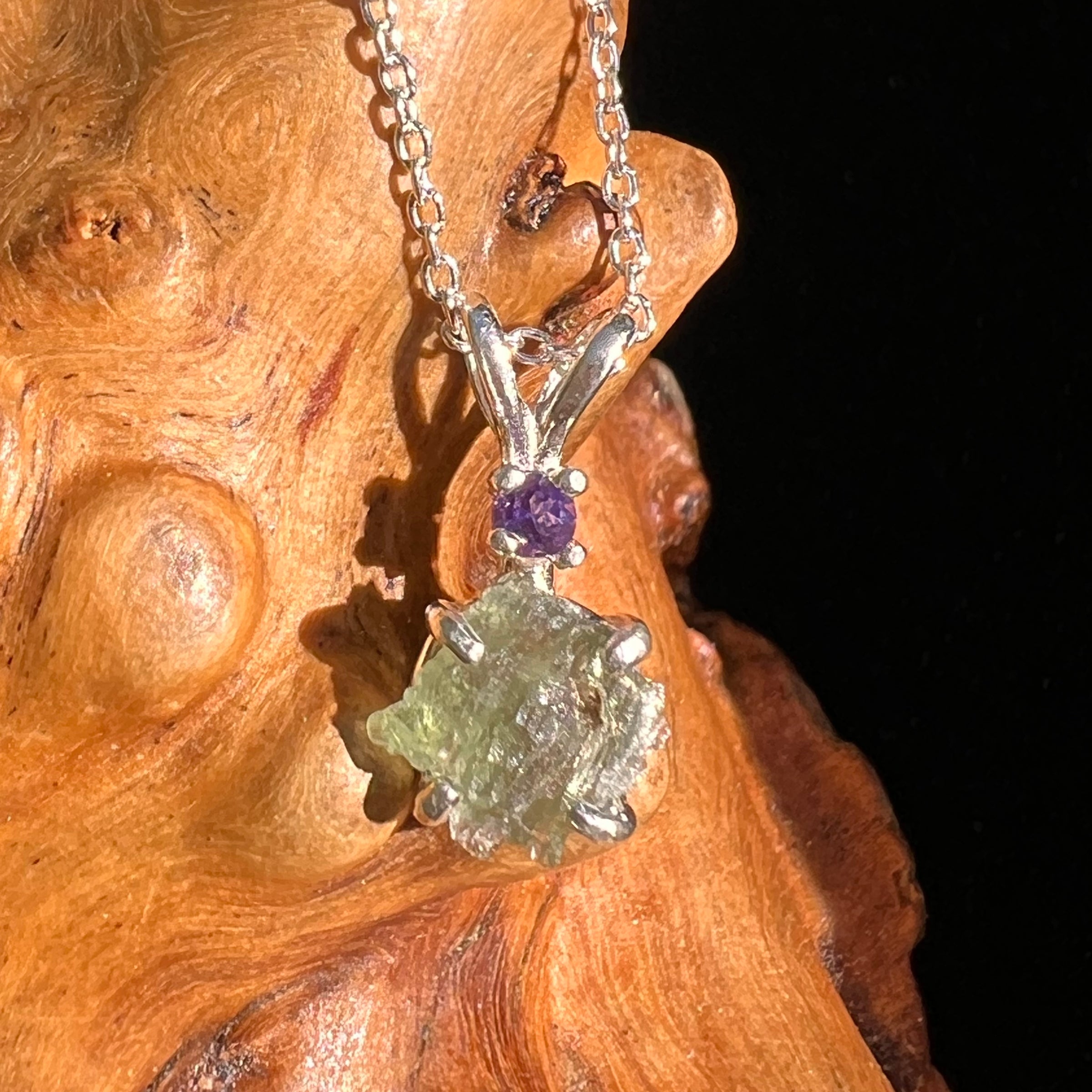 Moldavite & Amethyst Necklace Sterling #7262-Moldavite Life