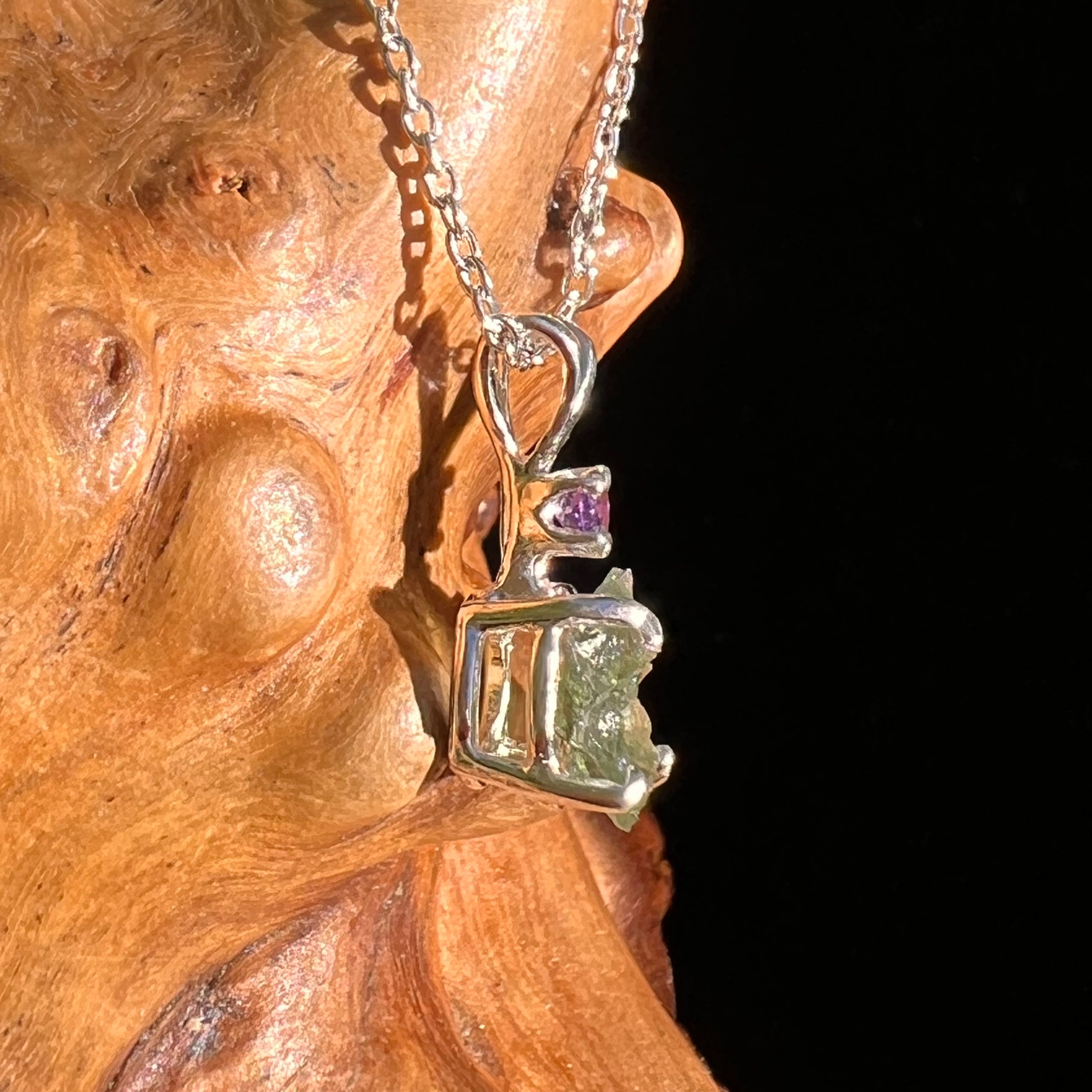 Moldavite & Amethyst Necklace Sterling #7266-Moldavite Life