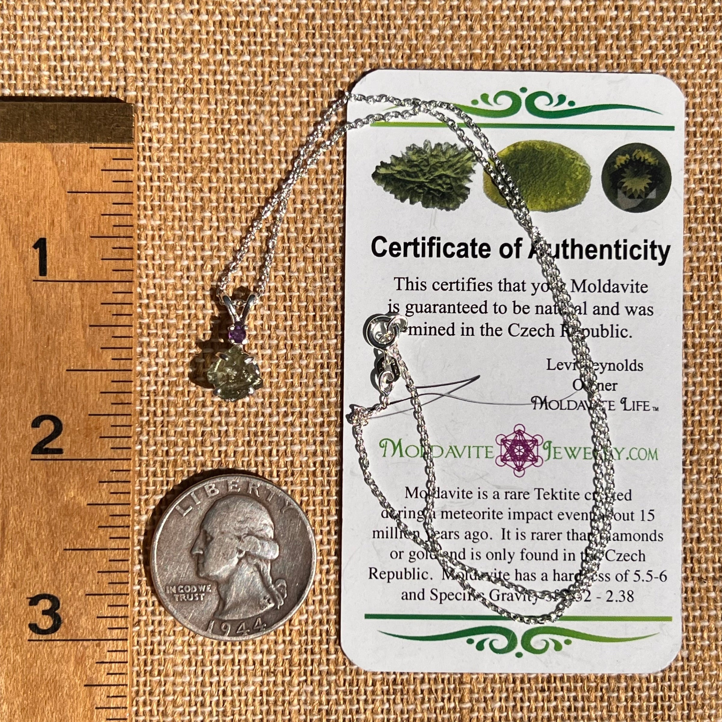 Moldavite & Amethyst Necklace Sterling #7266-Moldavite Life