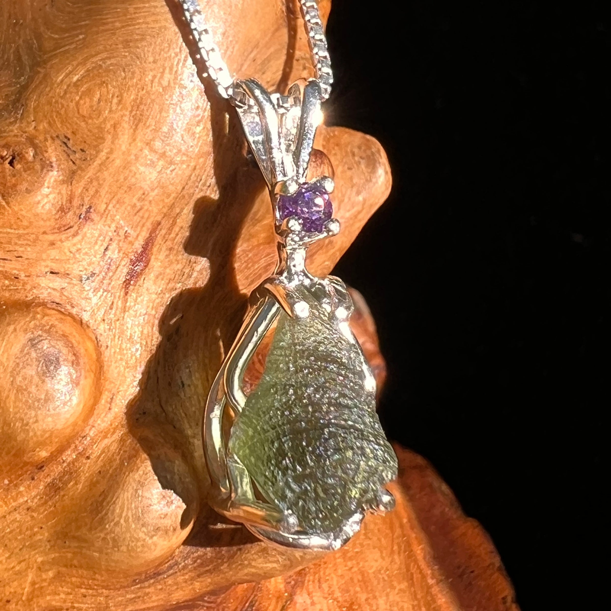 Moldavite & Amethyst Necklace Sterling #7268-Moldavite Life