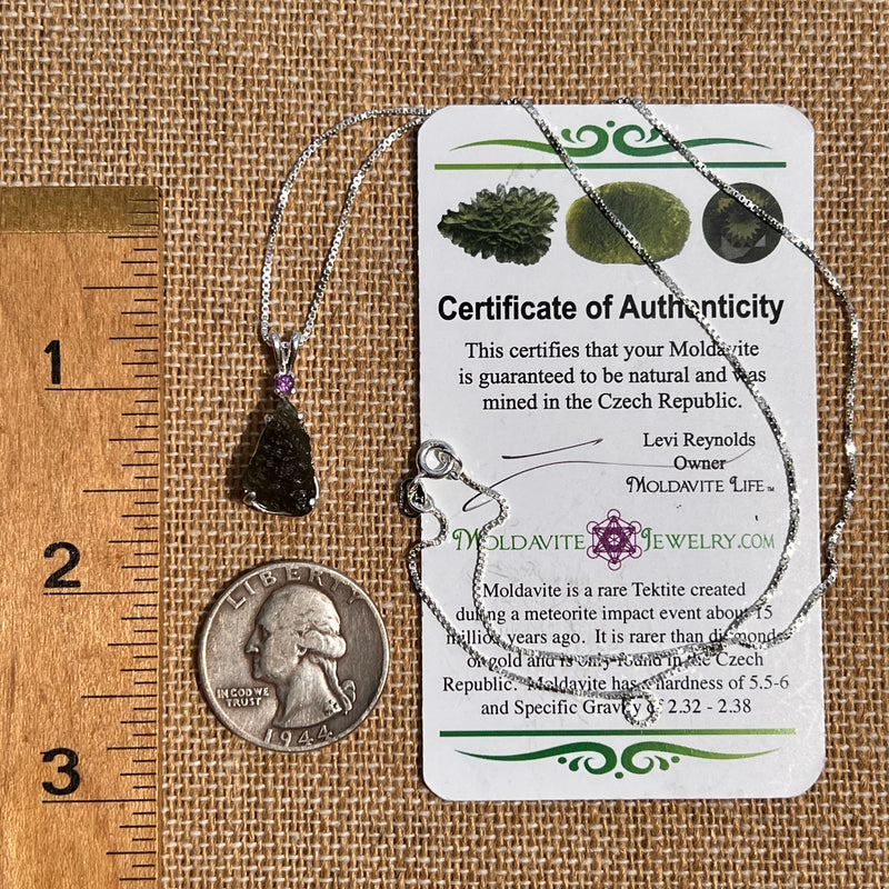 Moldavite & Amethyst Necklace Sterling Silver #6703-Moldavite Life